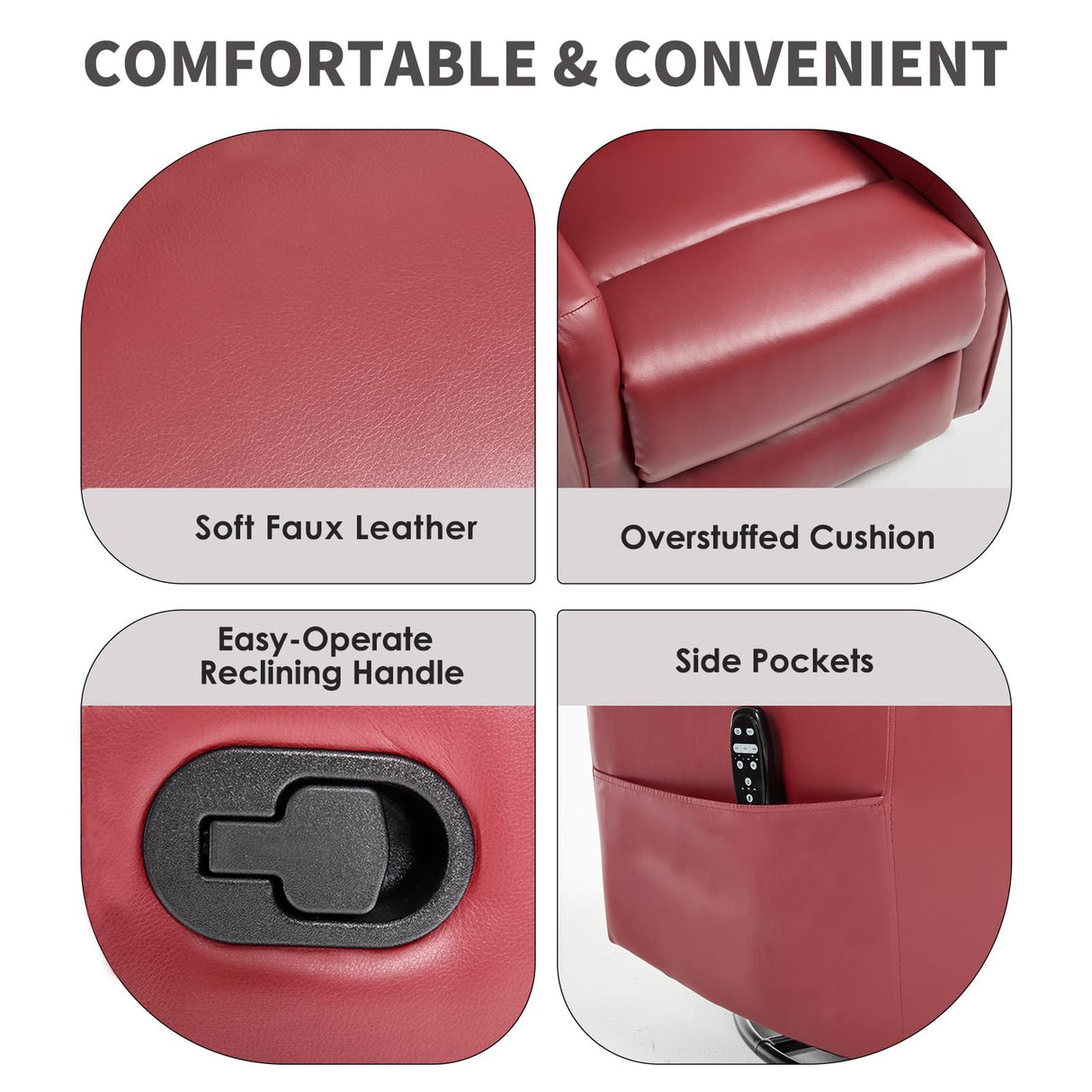 Trustyue Swivel Rocker Recliner Chair, 360° Swivel Recliner with Heat and Massage, Rocker Recliner Nursery Glider Chair with Side Pockets for Living Room (Red, Faux Leather) Trustyue