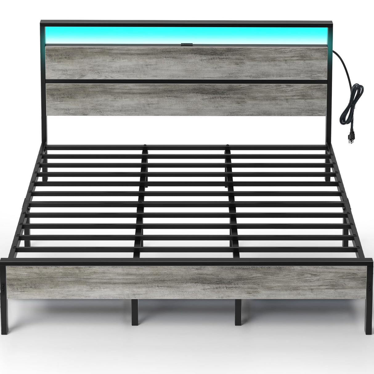 Rolanstar King Bed Frame with Headboard, Bed Frame King with LED Lights, Camas King Size Bed with Charging Station, Solid Metal Slats, Noise Free, No Box Spring Needed, Grey Rolanstar