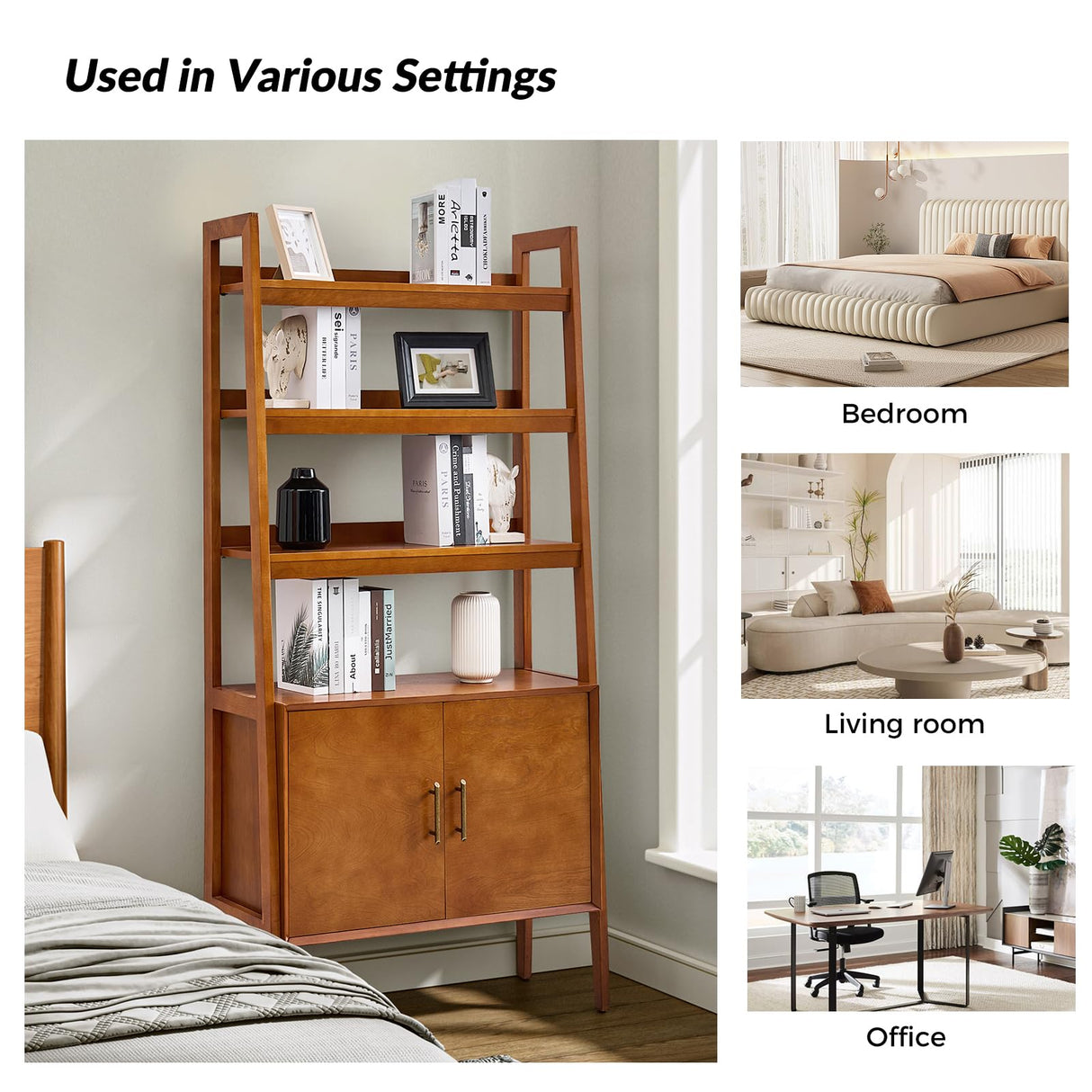 HULALA HOME Wood Ladder Shelf Bookcase with Doors & 3 Open Shelves, 34" W Mid-Century Modern Bookcase with Metal Pulls, Storage Rack with Solid Wood Legs for Bedroom & Living Room, Acorn HULALA HOME