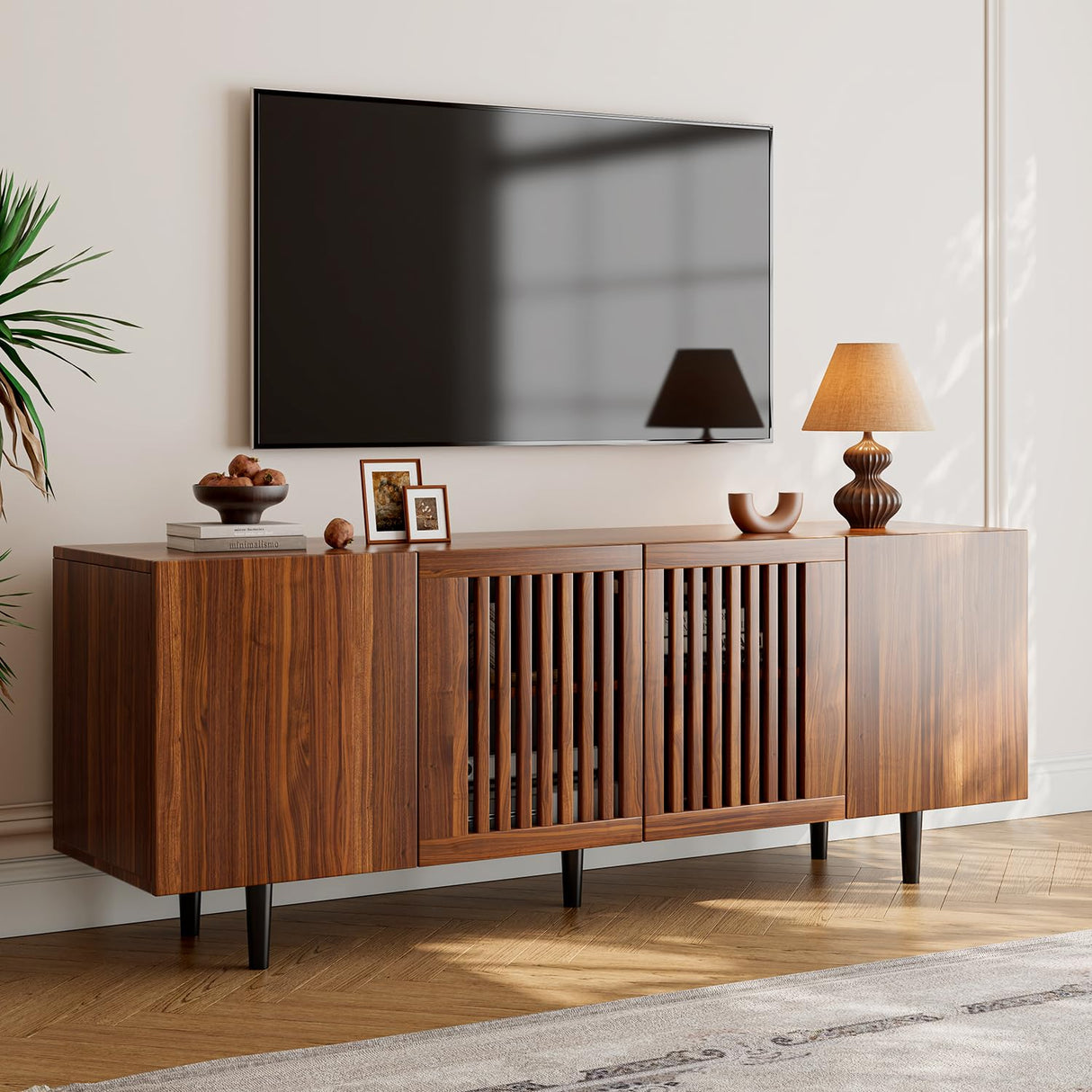 ROMMAK Boho TV Stand for 55-65 Inch TV, 4 Doors, Entertainment Center with Adjustable Shelf, TV Console with 4 Cabinets, Media Console, Solid Wood Feet, Cord Holes for Living Room, Bedroom, Walnut ROMMAK