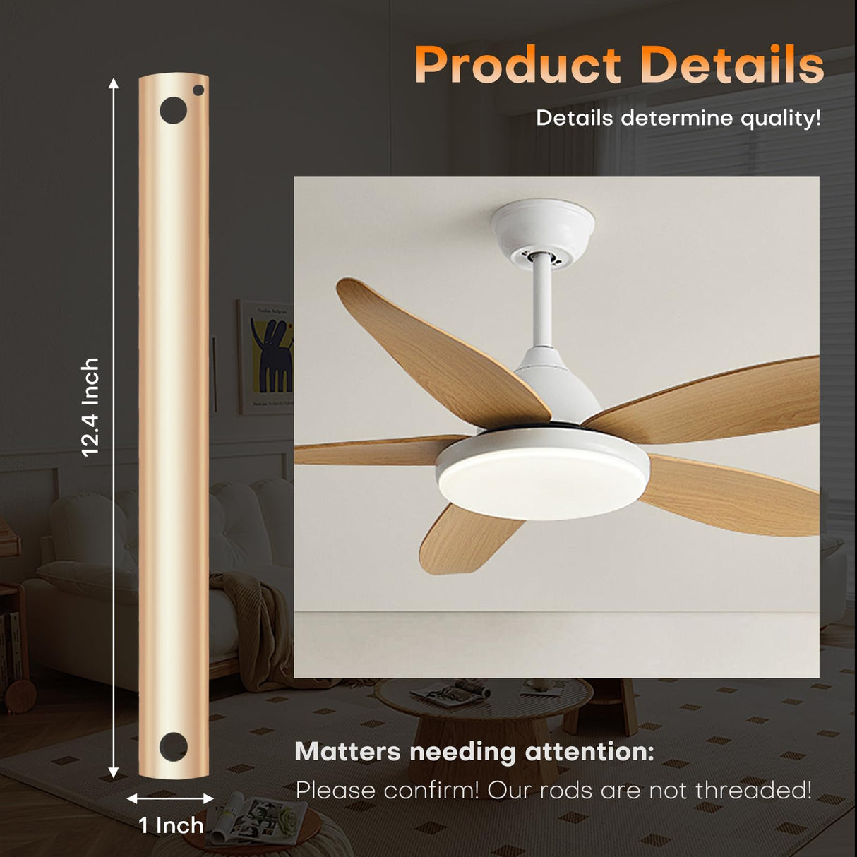 36 inch Ceiling Fan Downrod with Extension Cord,3 FT Downrod for Ceiling Fan,1 inch Outside Diameter,Ceiling Boom Suitable for a Wide Range of Fans (Gold,Not Threaded) Ruiyang