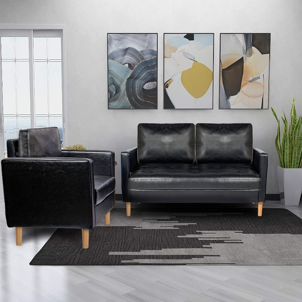 VAMEPOLE Sectional Sofa Couch 2 Pic, Black Leather Loveseat and Accent Chair for Living Room, Stitching Tufted Comfortable Love Seat for Small Space, Office, Meeting Room, Living Room Furniture Sets VAMEPOLE