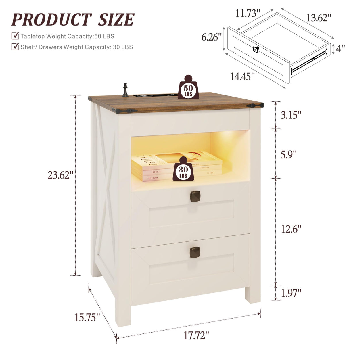 LED Nightstand with Gun Drawer: Bedside Table with Charging Station for Bedroom Furniture – Farmhouse Night Stand with 3 Colors Smart Human Sensor Lights for Living Room End Table, White HWB