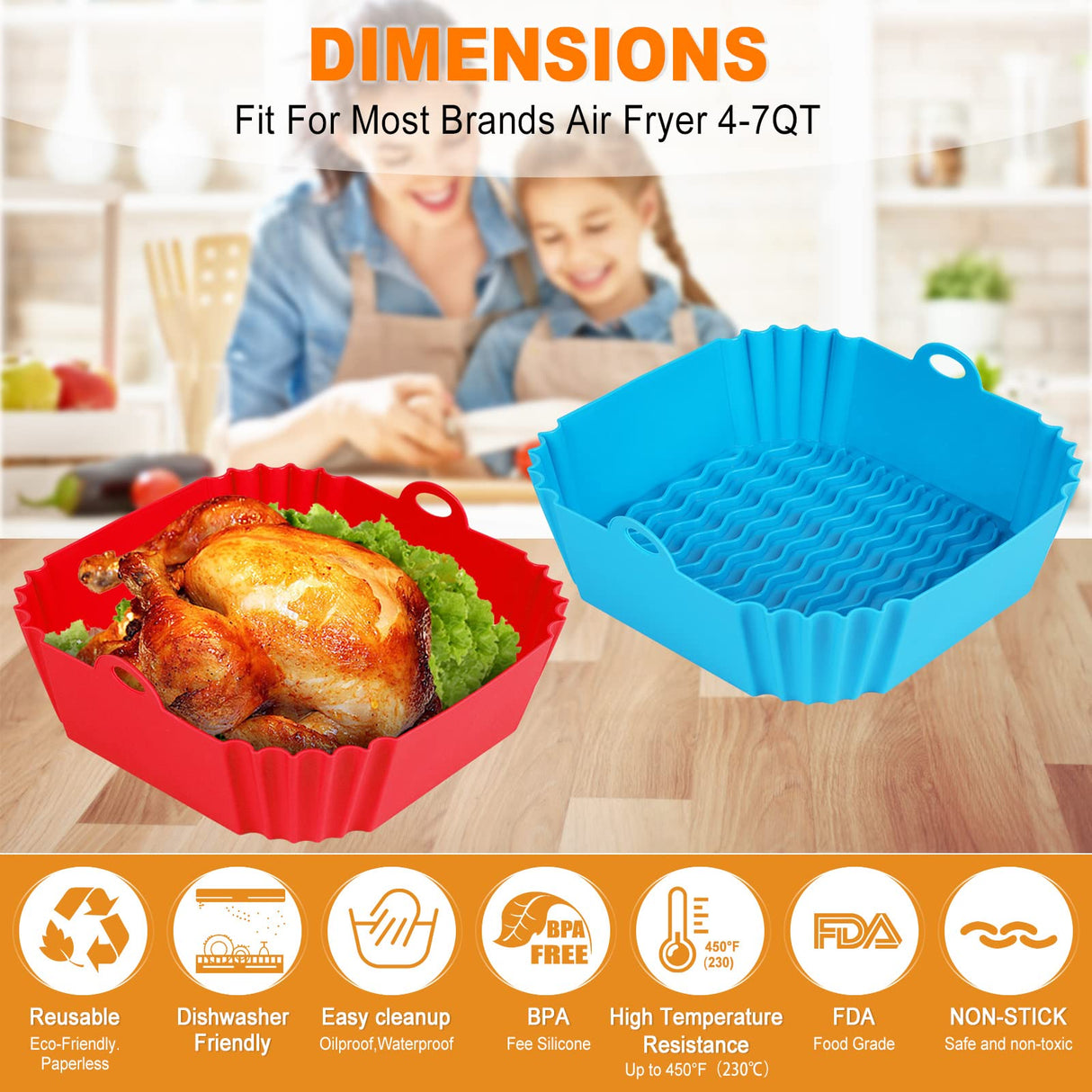 Boribim 2 PCS Square Silicone Air Fryer Liners - 8 Inch Reusable Air Fryer Pot - Air Fryer Accessories - Air Fryer Inserts for 4 to 7 QT Oven Microwave Accessories (Red + Blue) Boribim