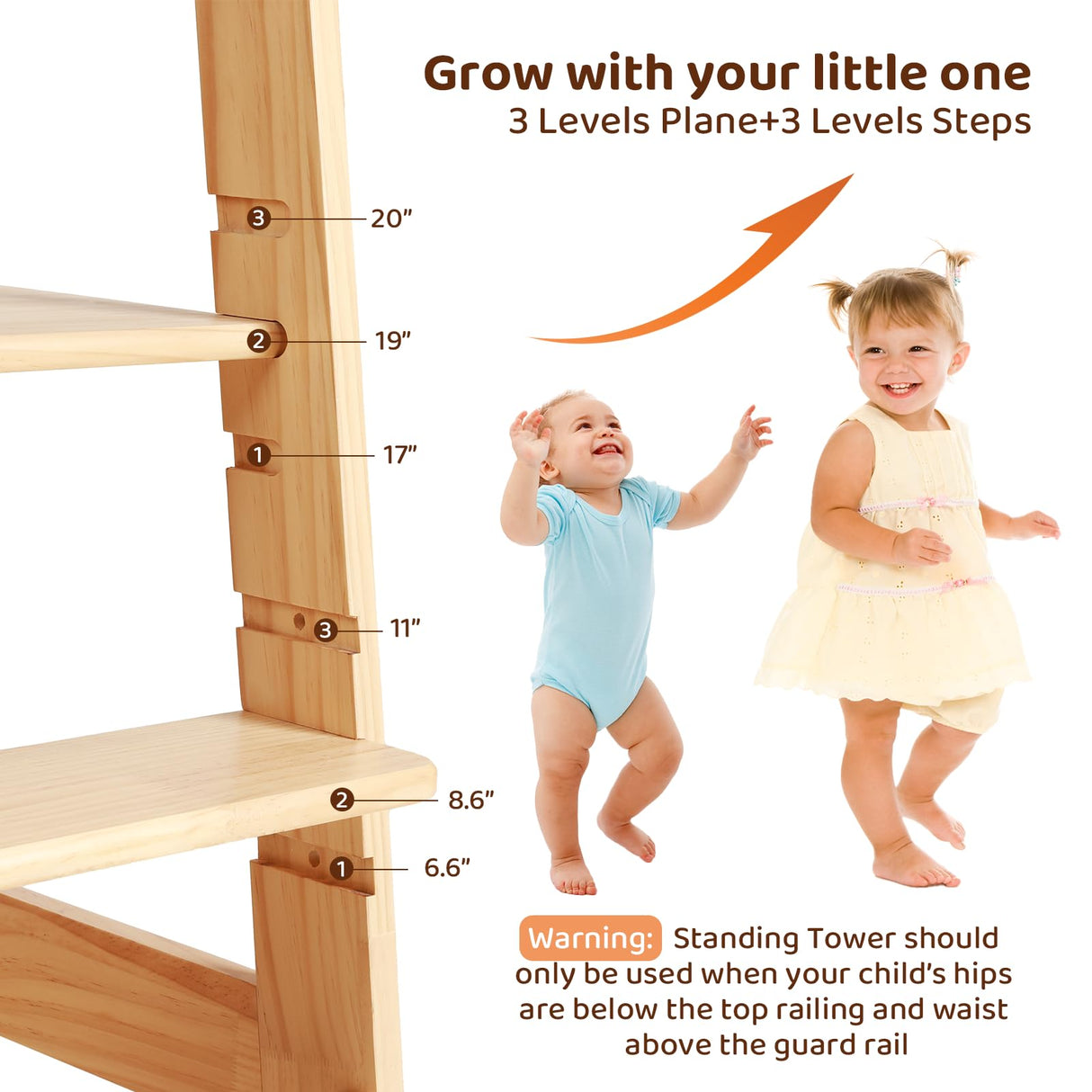 Adjustable Toddler Tower, Stable Standing Tower with 3 Heights Platform & Steps, Wooden Step Stool for Toddlers with Safe Around Rails for Bathroom/Kitchen/Sink, Suitable for Ages 18-36 Months KIDINIX