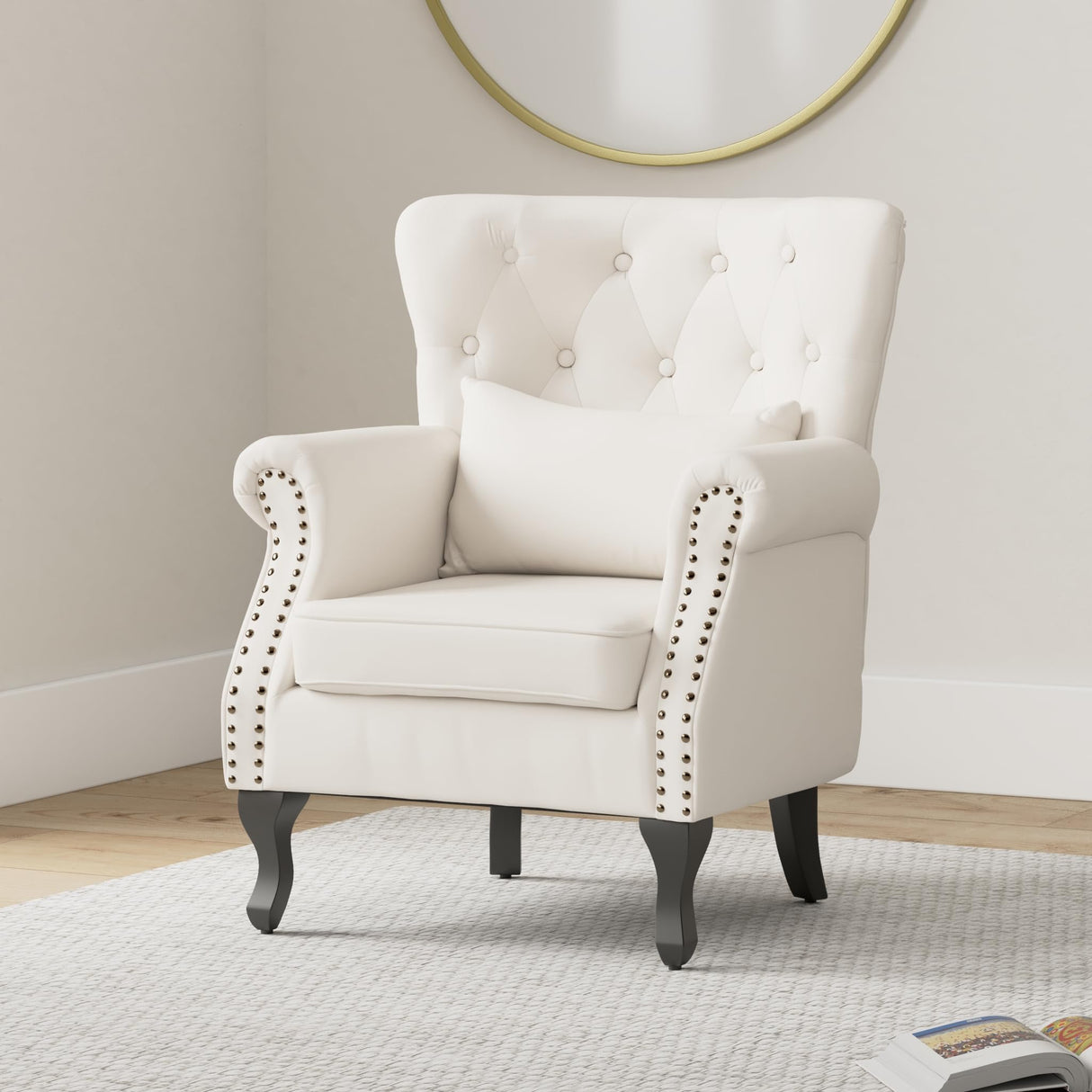 ABET Linen Wingback Chair Set of 2, Upholstered Club Chair for Living Room, Modern Rivet Trim Accent Armchair with Removable Lumbar Pillow, Comfy Single Sofa for Living Reading Room, Beige ABET