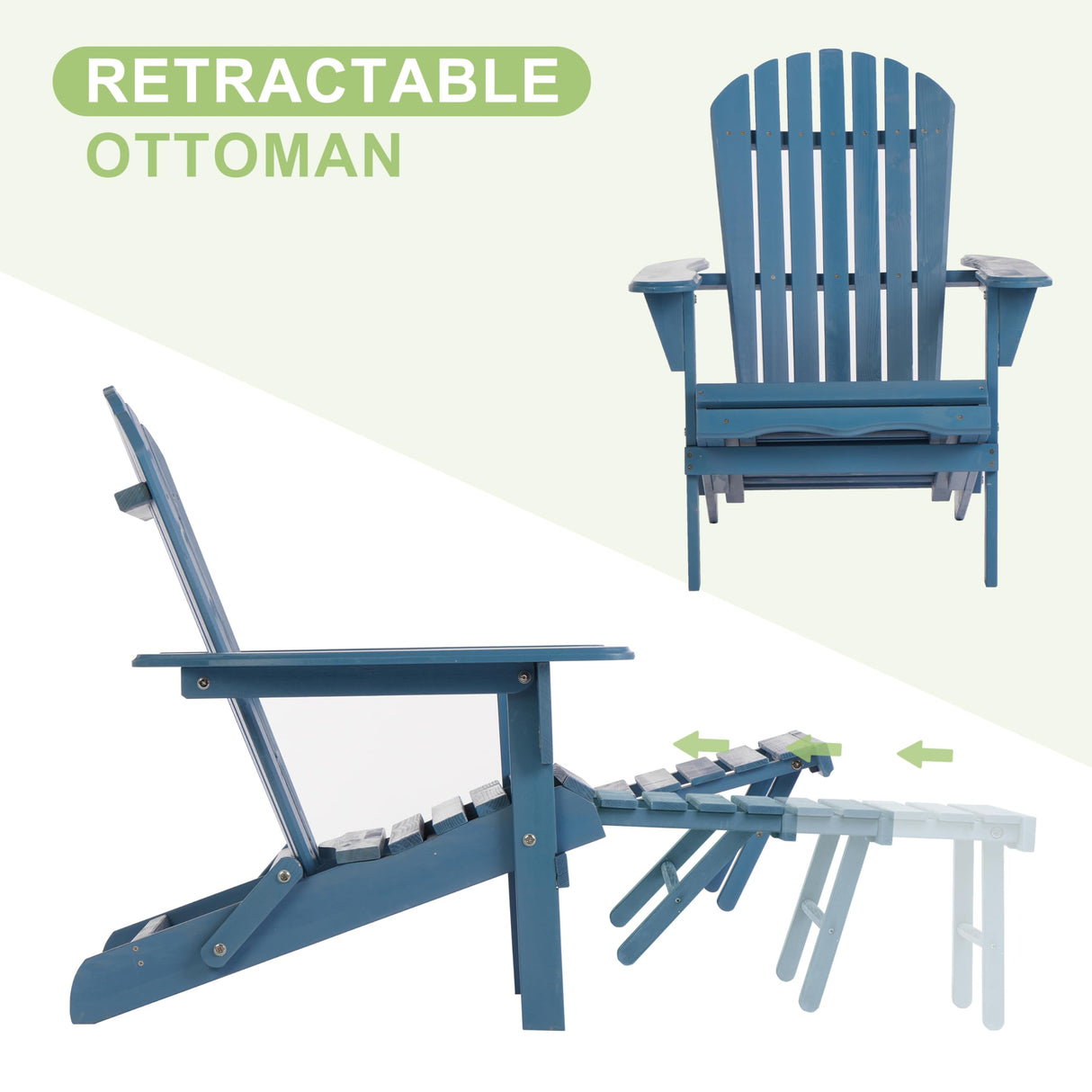 Wooden Folding Adirondack Chair with Ottoman, Pre-Assembled Backrest and Seat Board, Lounge Chair for Outdoor Patio Garden Lawn Backyard Firepit Deck Pool Beach Wood-Natrl