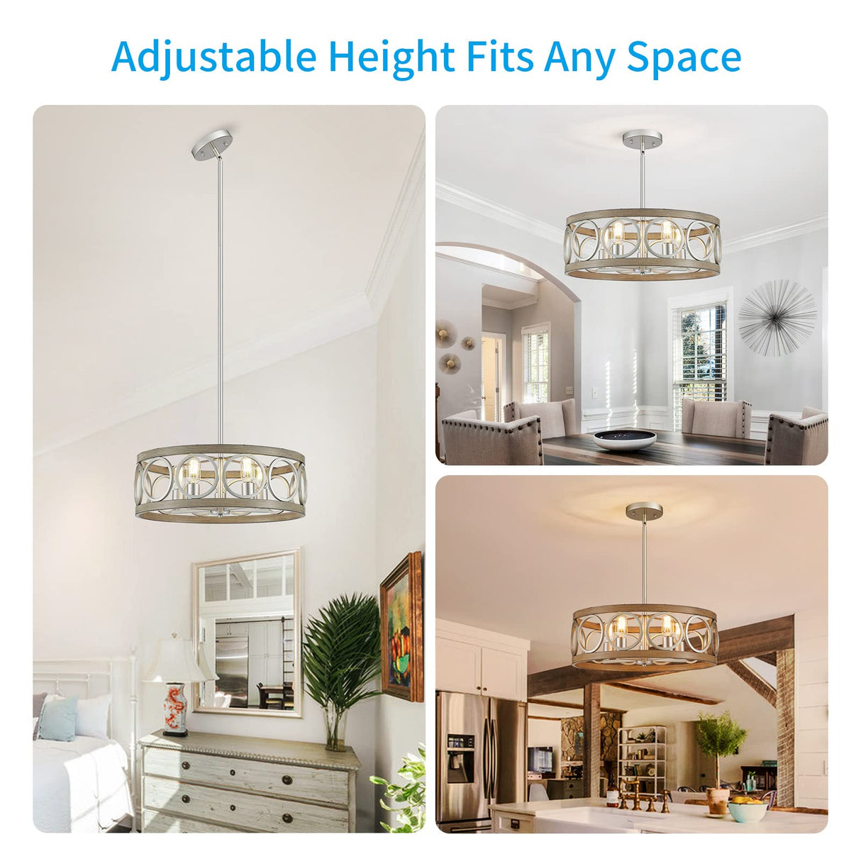 XINGQI 21.7'' Modern Farmhouse Chandelier, Drum Ceiling Light Fixture for Living Dining Room Over Table, 5 Lights Antique Wood Grain Brushed Nickel with Round Metal XINGQI