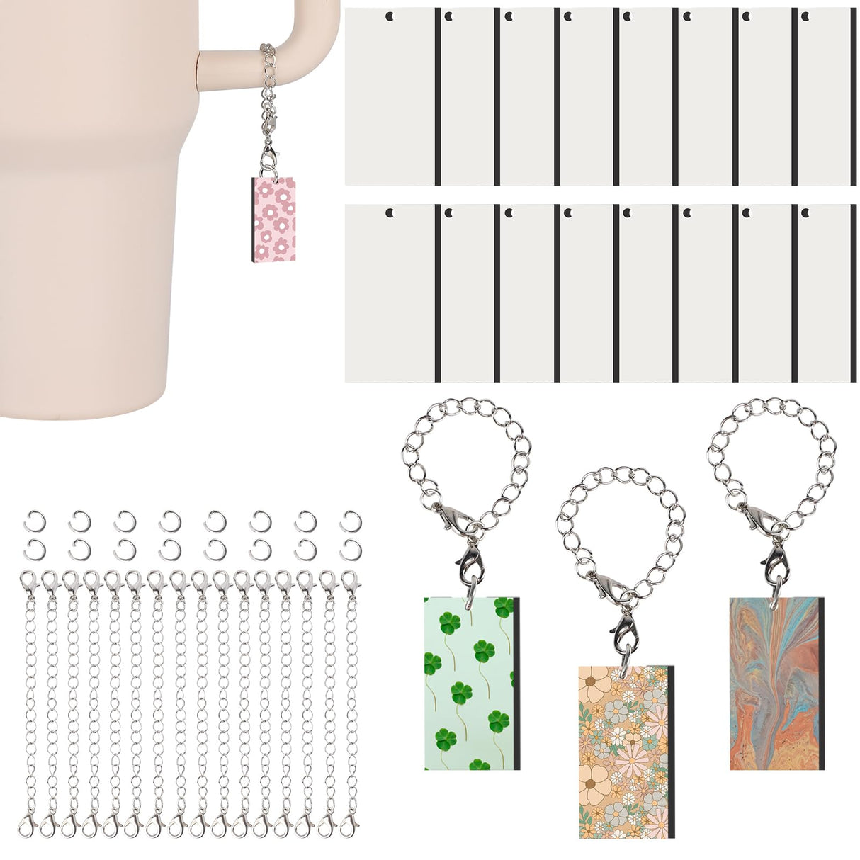 16Pcs Sublimation Charm Accessories for Cup,Sublimation Blanks Bulk Stanley Cup Charm for Tumbler Cup Sublimation Keychains Charm Sublimation Keychains MDF with Chain Jump Ring DIY Crafts (Rectangle) KKSUBCA