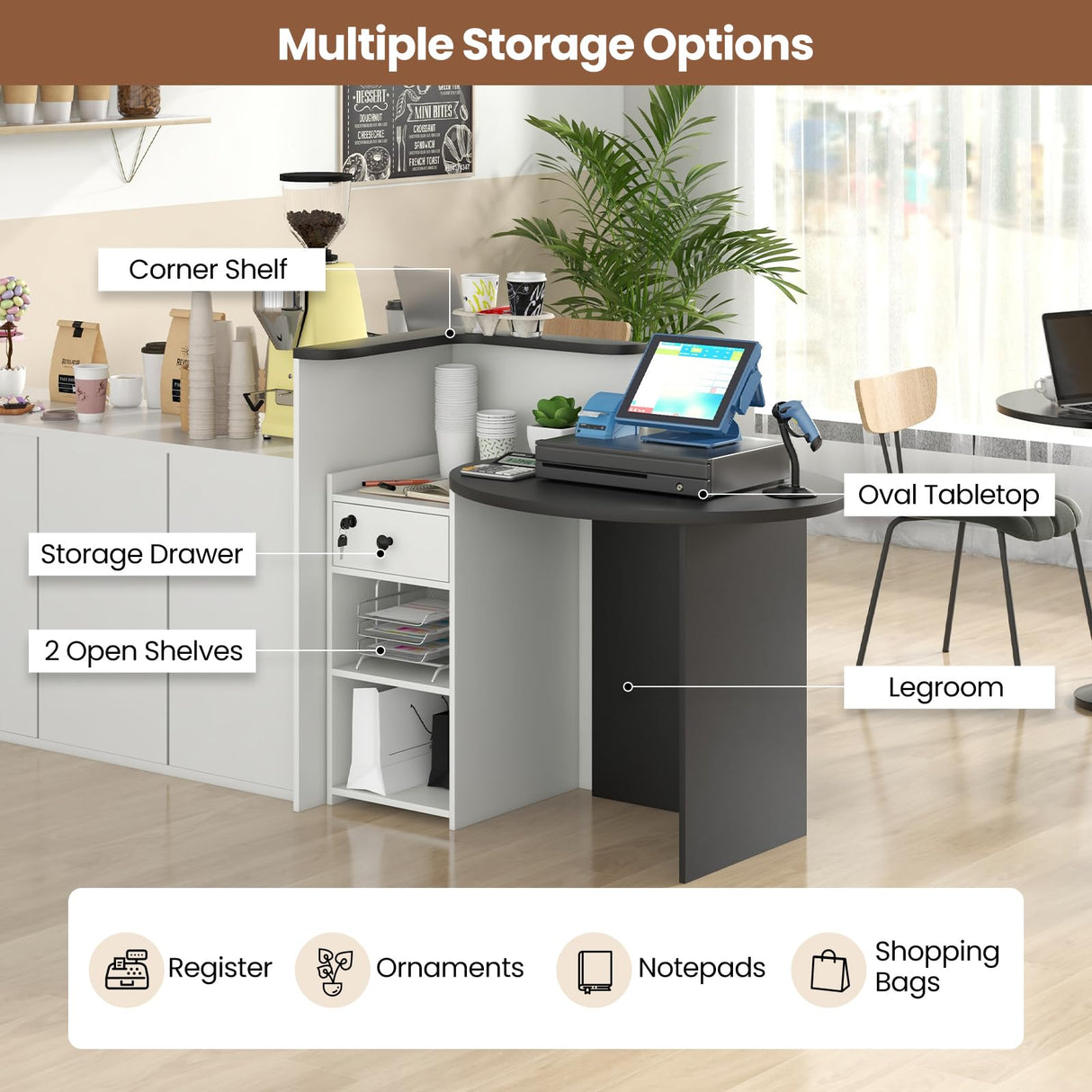 IFANNY Reception Desk, 48’’ Retail Counter w/Lockable Drawer & Storage Shelf, L-Shaped Reception Table, Wooden Computer Desk for Salon, Restaurant, Office (Black & White) IFANNY