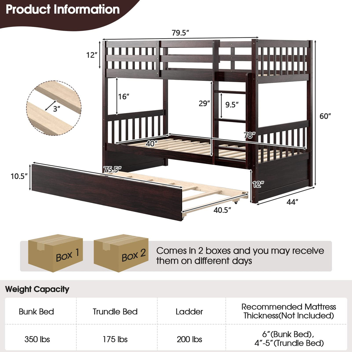 Giantex Twin Over Twin Bunk Bed with Trundle, Convertible Platform Bed Frame with Ladder & Solid Wood Frame, Space-Saving Bunk Bed for Teens & Adults, No Box Spring Needed, Espresso Giantex