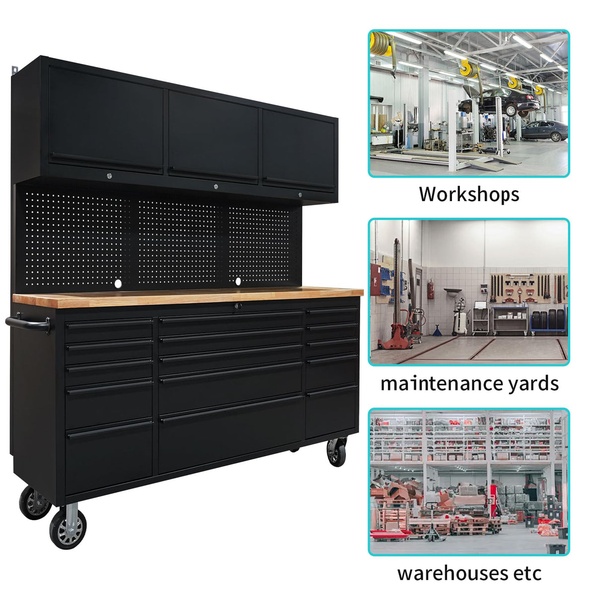 CHETTO 72" Tool Chest Rolling Tool Box 15 Storage Drawers 3 Upper Cabinet Pegboard Large Toolbox with Wheels for Warehouse Basement Home Pantry Garage Black CHETTO C