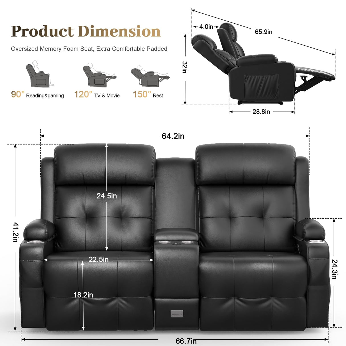 Reclining Loveseat, Massage Loveseat Recliner Sofa Heavy Weight Capacity, RV Love Seat Chair Clearance with Console, USB, Type C Port, Storage, Cup Holders, Wall Hugger Couch (Black, Loveseat) Aotolo