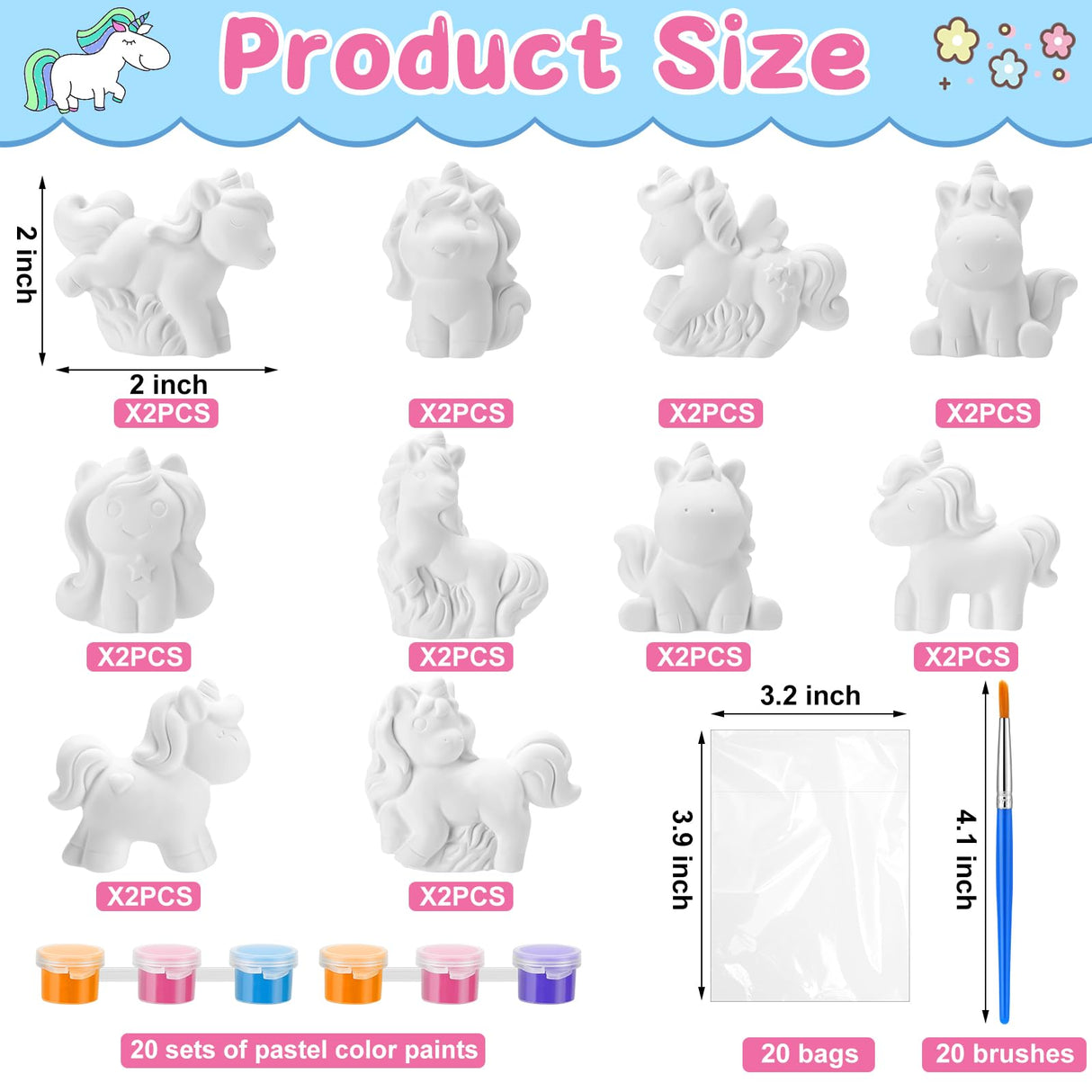 Simgoing 20 Set Dinosaur Unicorn Mermaid Donut Jungle Animal DIY Painting Kit Pumpkin Snowman Ceramic Paint Your Own Figurines Unpainted Plaster Craft for Party Favor(Unicorn) Simgoing