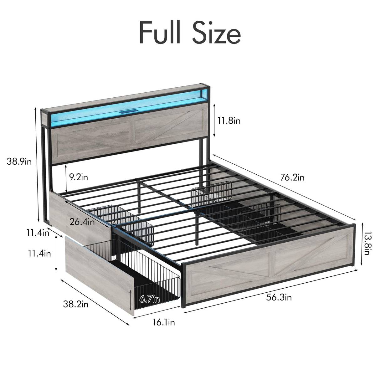 Halitaa Full Size Metal Bed Frame with LED Lights, Charging Station & 4 Storage Drawers in Wash Grey Halitaa
