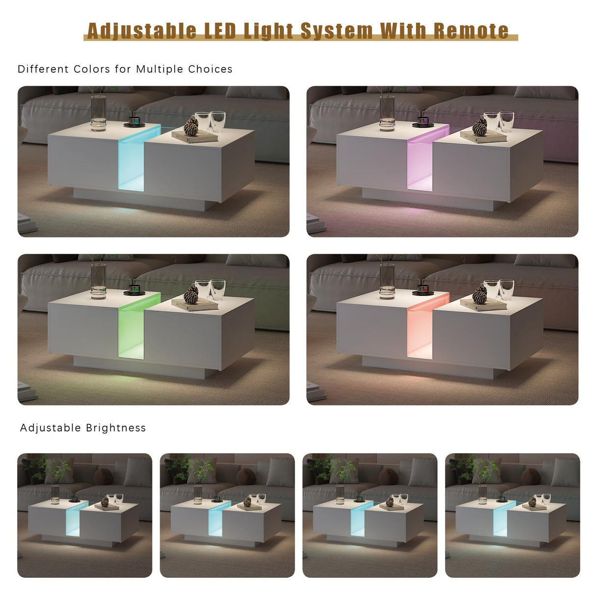 HedoAjim White Led Coffee Table for Living Room, Rectangular Living Room Table with Storage, Acrylic Coffee Tables with 2 Sliding Drawers, Wood Center Table for Reception Dinning Room HedoAjim