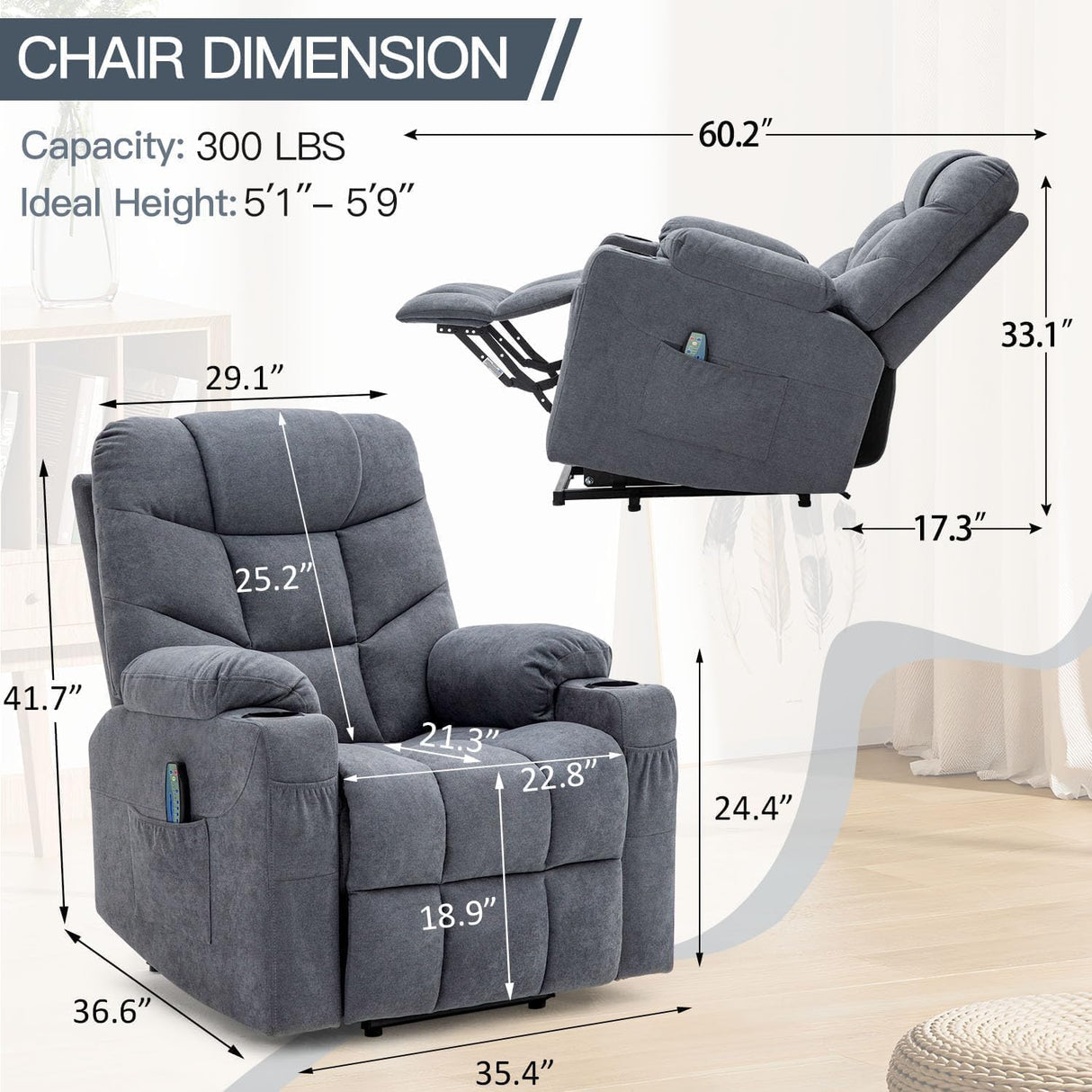 Esright Modern Electric Recliner Chair for Adults, Heavy Duty Power Lift Recliner with Heated Vibration Massage, Side Pockets, USB Charge Port & Cup Holders, Blue Grey Esright