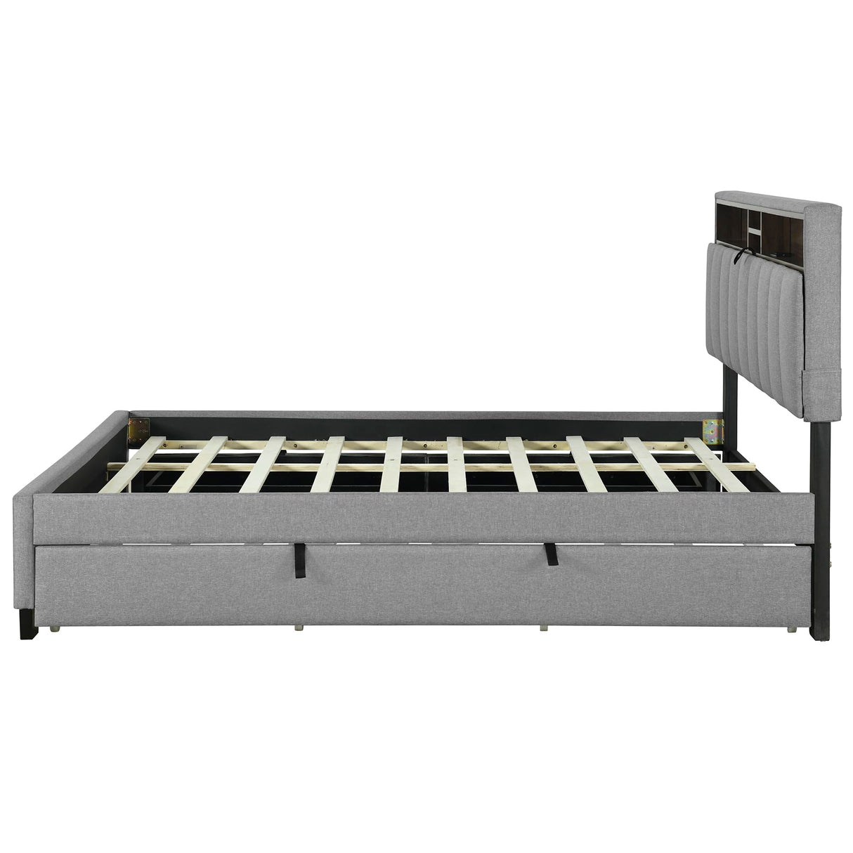 Merax Queen Bed Frame with Storage Headboard, Upholstered Linen Platform Beds with Trundle & 2 Drawers, Built-in Charging Station, Grey Merax