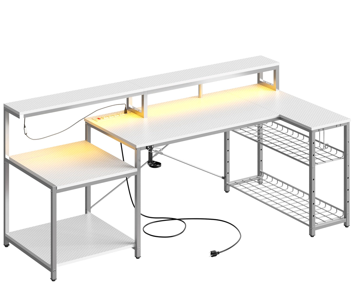 Bestier White Gaming Desk with Power Outlet, 71.5 LED Computer Desk with Monitor Stand, Large L Shaped Desk with Adjustable Shelf, Cup Holder & Headset Hooks, Corner Study Desk for Bedroom Bestier
