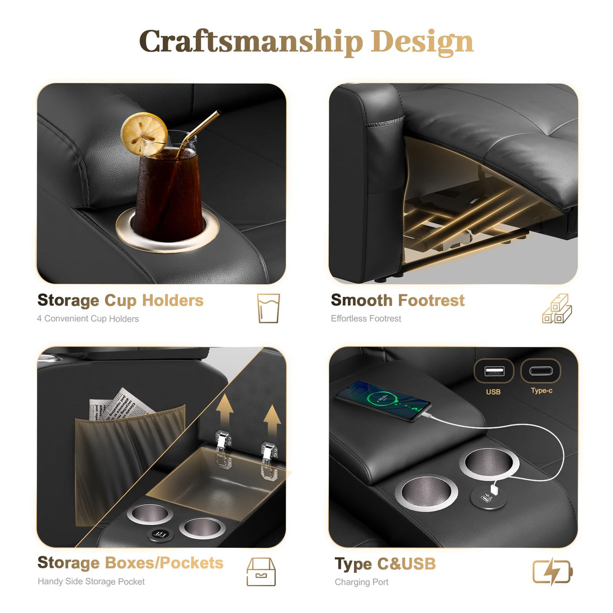 Reclining Sectional Couches for Living Room, L Shaped Large Sectional Reliner Sofa, Faux Leather Couch, Home Theater Seating with Console, Recliner Couch & Sofa Aotolo