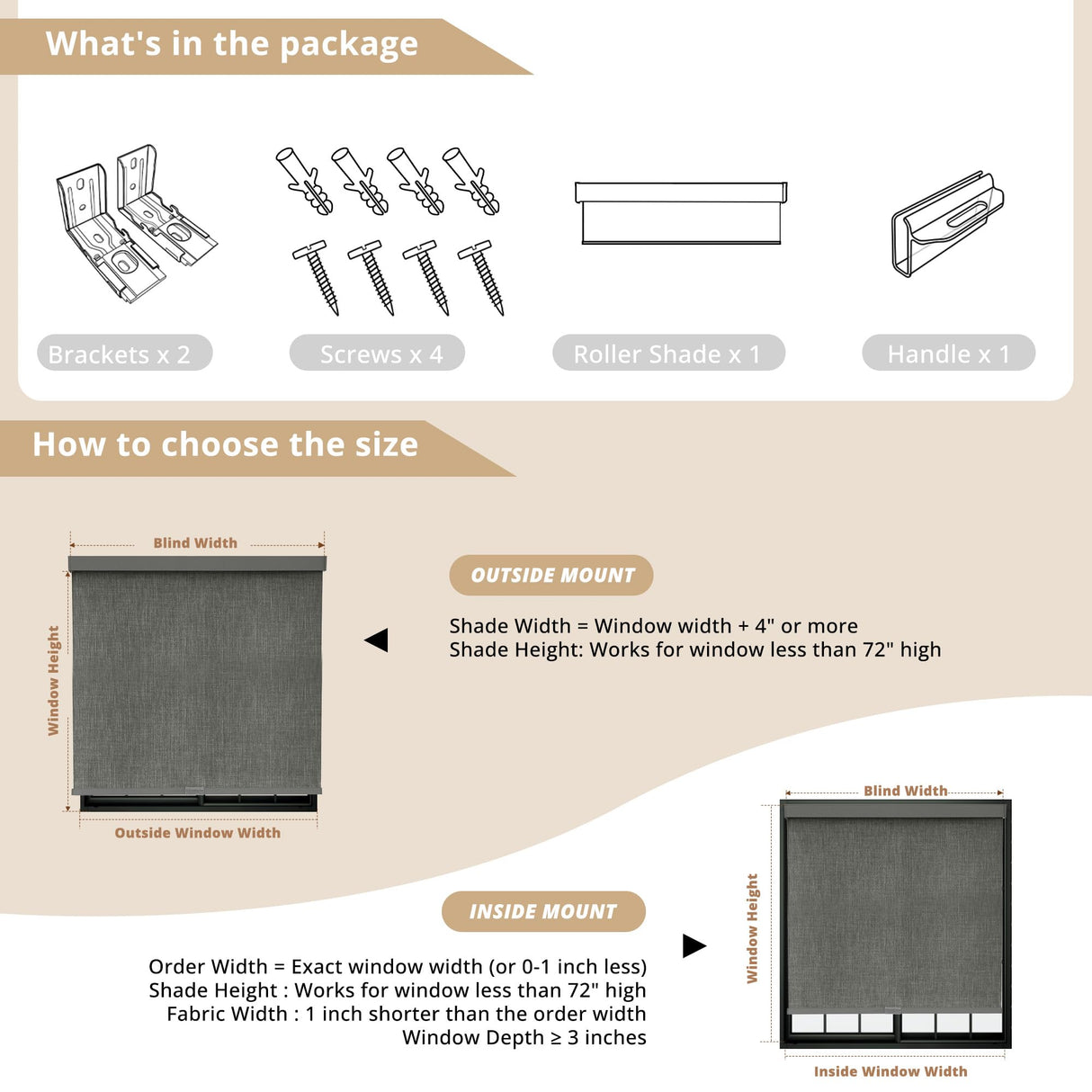 AOSKY Linen Roller Blinds Shades for Indoor Windows Pull Down Cordless Blackout Black Out Window Shade 20 Inch Blinds for Home Dark Grey AOSKY