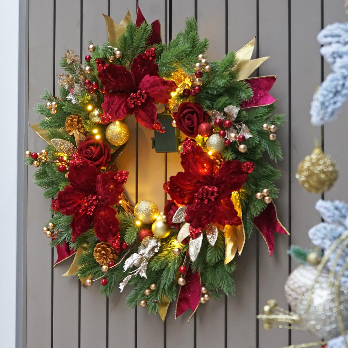 Christmas Wreaths for Front Door, Soomeir Outdoor Winter Wreaths, Large Welcome Wreath with Lights for Holiday Outside Indoors Office Mantle Window (Red Gold) Soomeir