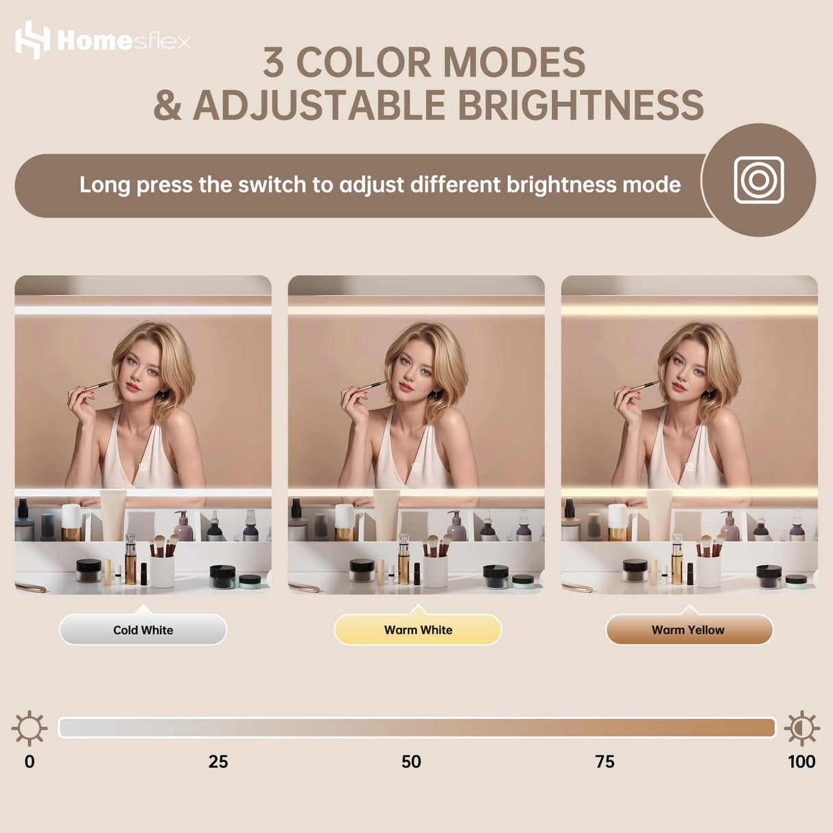 Homesflex Modern White Makeup Vanity Desk with Adjustable Lights, Mirror, and Storage - Complete Vanity Set with Drawers, Shelves, and Stool Homesflex