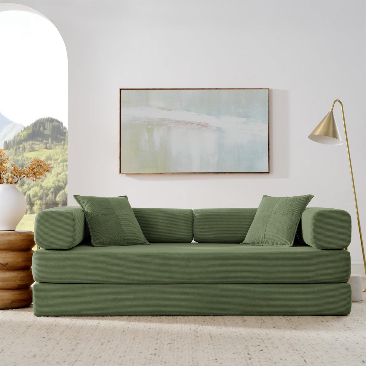 4-in-1 Folding Convertible Sofa Bed, 78 Inch Oversized Corduroy Upholstered Boneless Couch, Loveseat Sleeper with Pull Out Bed, Floor Sofa Modular Futon Couch for Living Room Bedroom Lounge, Green ivoros