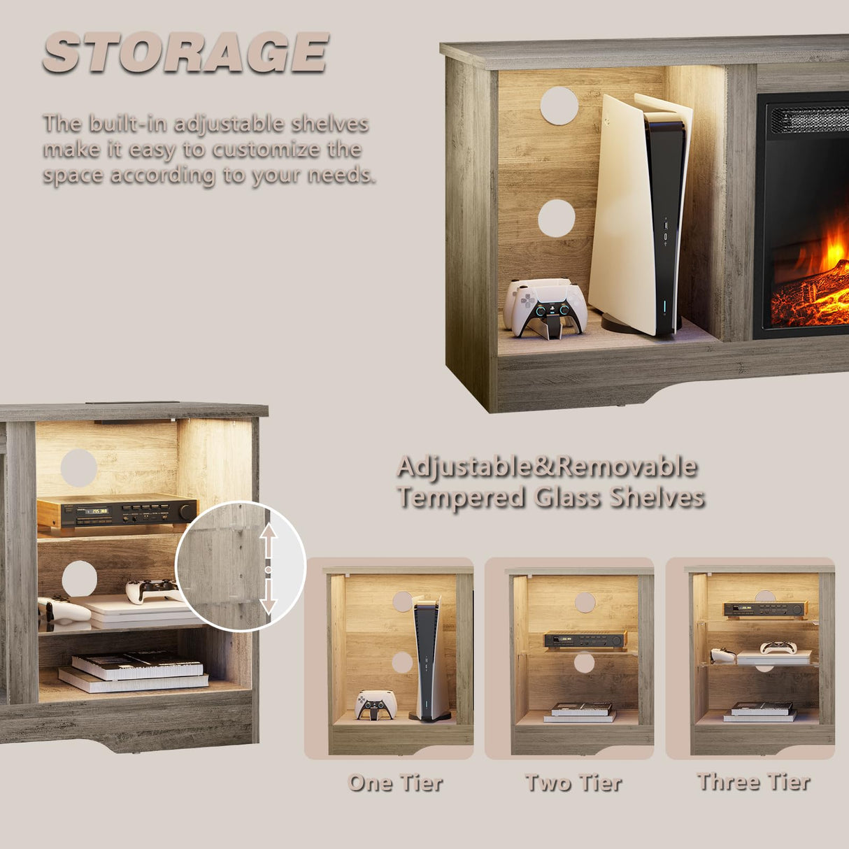 LEMBERI 58 Inches Fireplace TV Stand for TVs up to 65 Inches Console with 18'' Electric Fireplace & Remote, Wooden Modern Entertainment Center for Living Room with LED Light Glass Shelves (Grey) LEMBERI