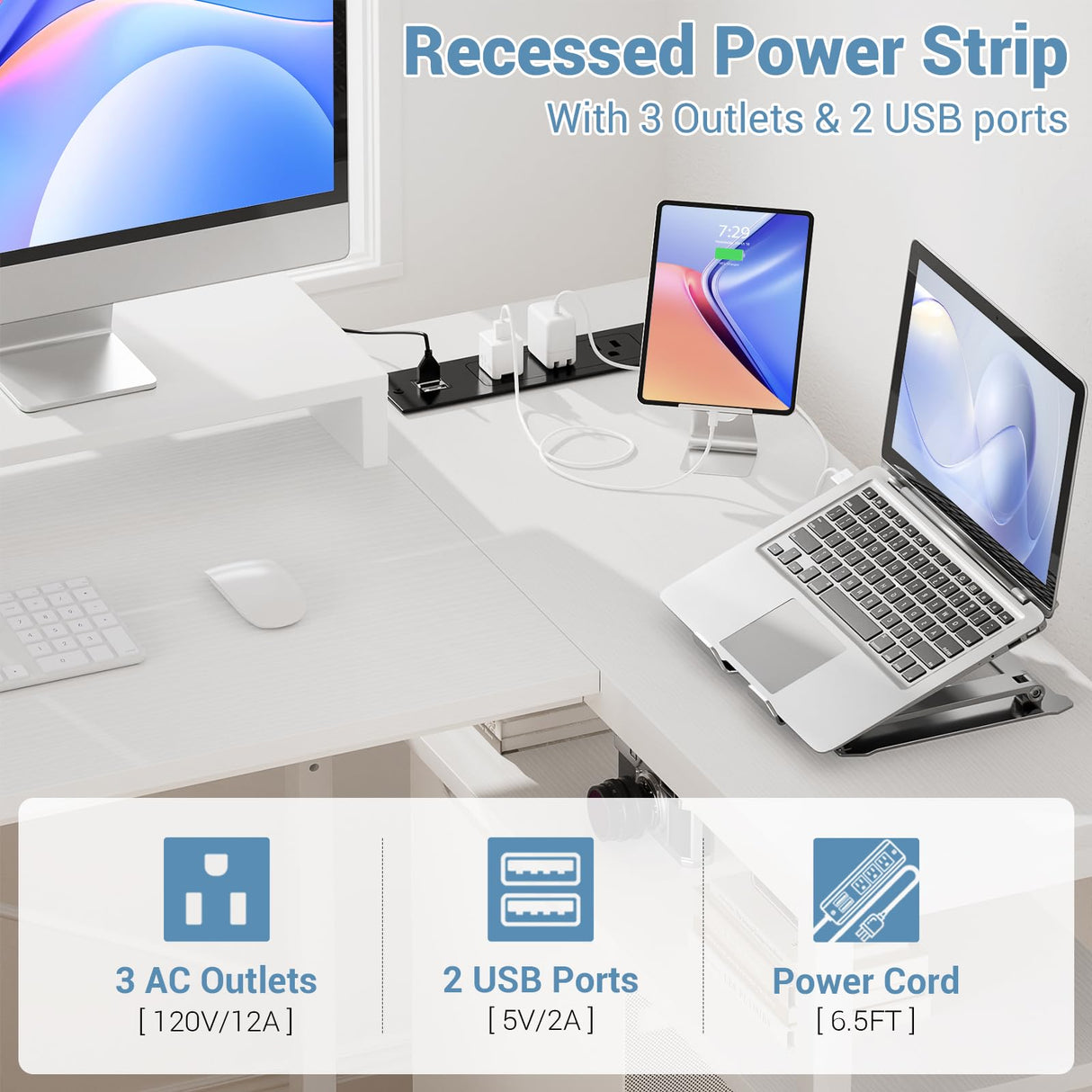 Aheaplus 53 Inch Gaming Desk with Power Outlets & LED Lights, Reversible L Shaped Computer Desk with 3 Drawers & Monitor Stand, Home Office Desk Corner Gamer Desk with Storage Shelves, White Aheaplus