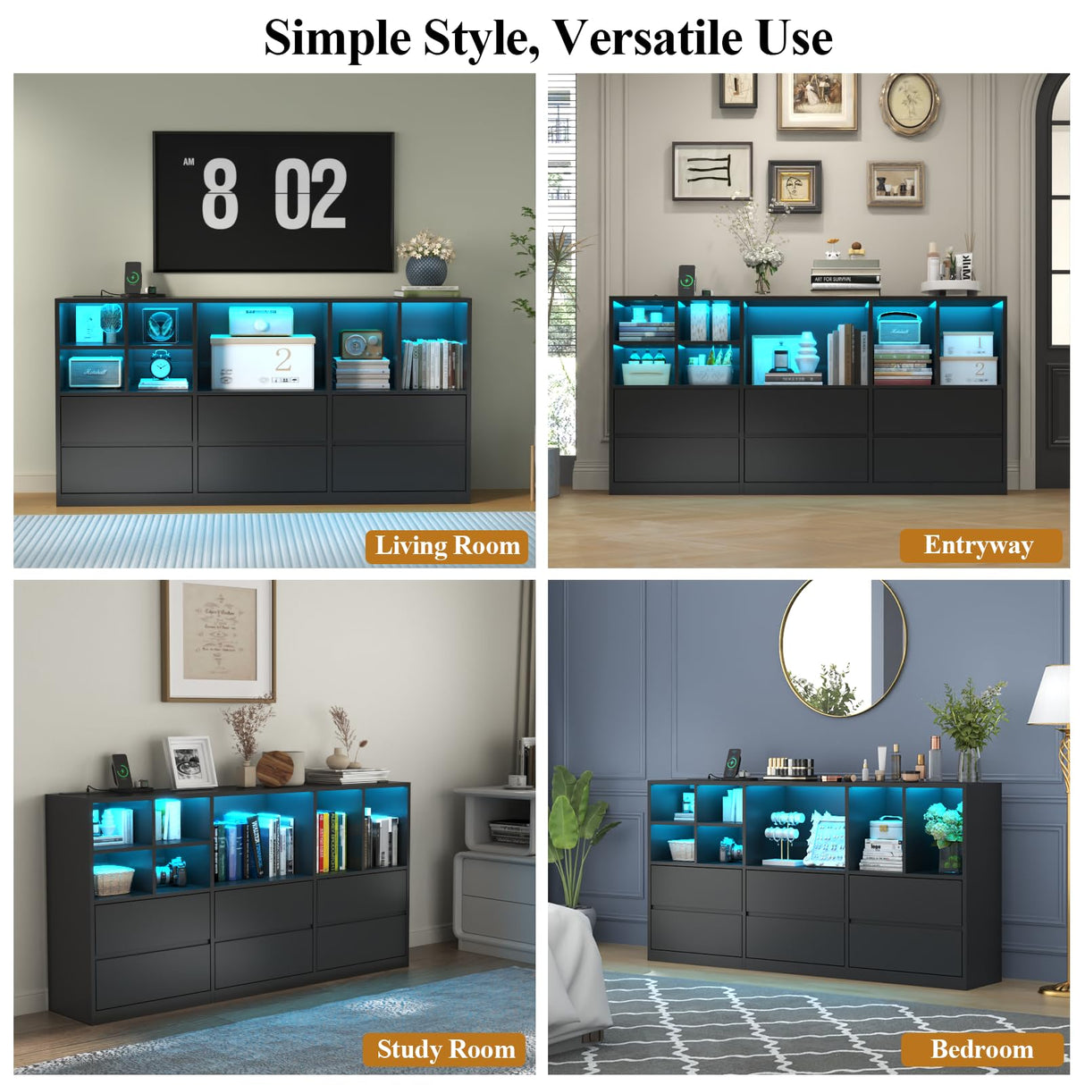 6 Drawers Dresser with 7 Storage Cubbies, LED Chest of Drawers with Power Outlet, 63" Triple Wide Long Dresser Organizer for Bedroom, Modern TV Stand with Open Shelf for Living Room, Entryway (Black) Gyfimoie