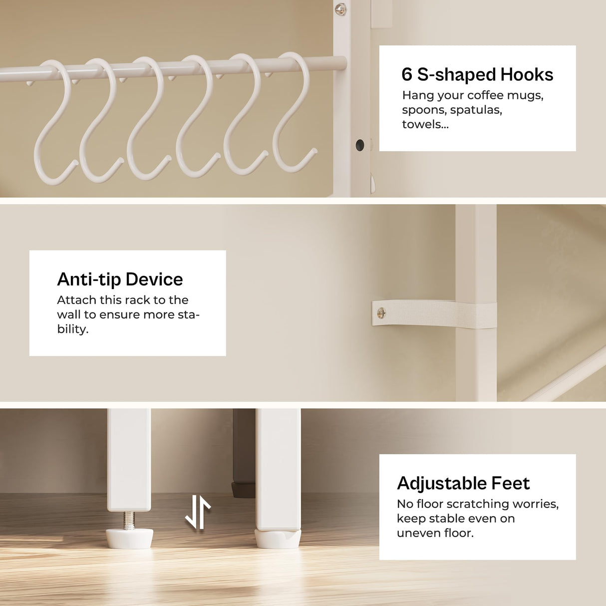 SUPERJARE Kitchen Bakers Rack with Power Outlet, Coffee Bar Table 4 Tiers, Microwave Stand with 6 S-Shaped Hooks, Storage Shelf Rack for Spices, Pots and Pans - White SUPERJARE