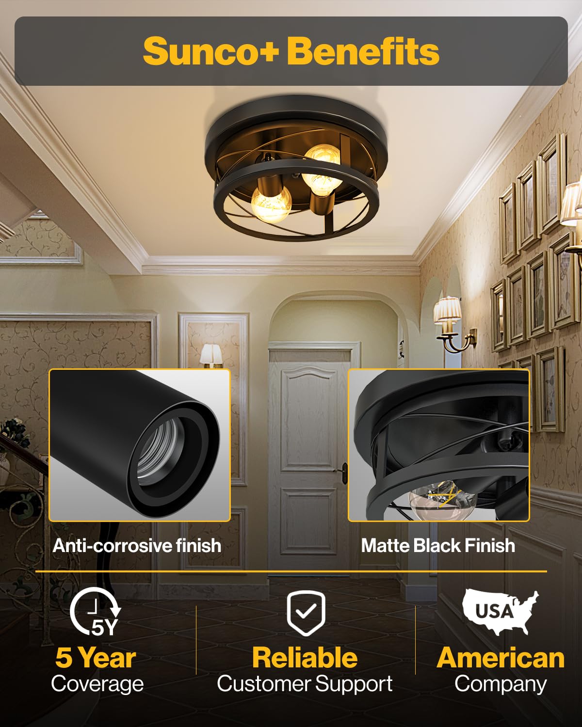 Sunco Farmhouse Ceiling Light Fixtures, Rustic Ceiling Light Fixture for Foyer, Bedroom, Hallway, Kitchen, Living Room, Den, 11 Inch Diameter, E26 Medium Base, Max 100W 2 Pack Sunco Lighting