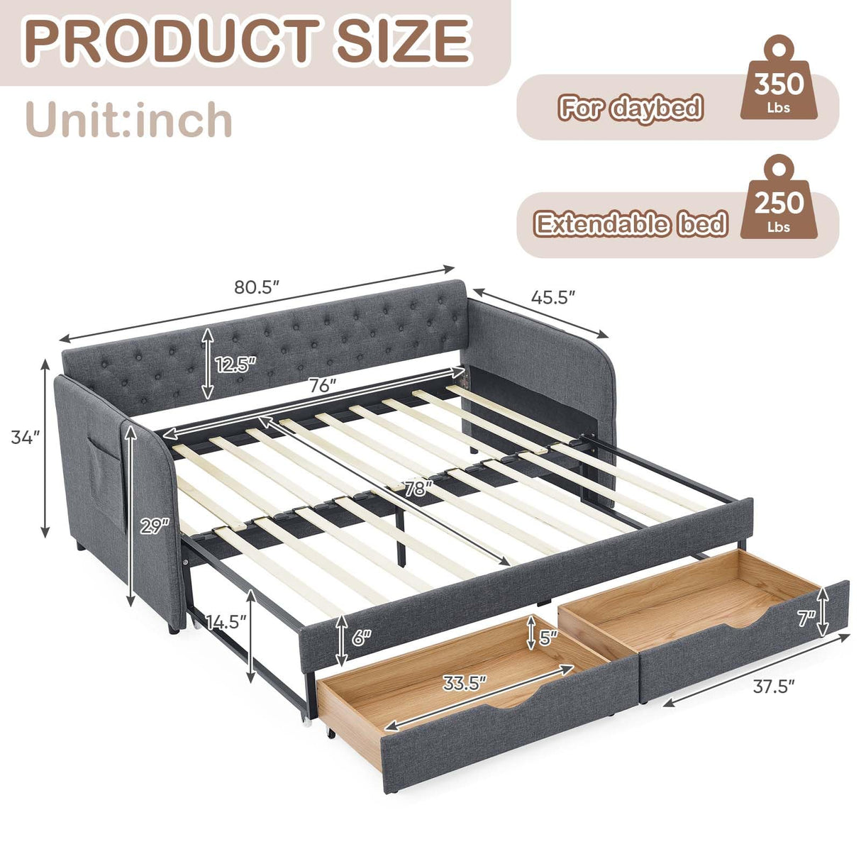 Antetek 80.5" Daybed with Drawer, Modern Button Tufted Linen Day Bed with Trundle Bed Twin to King, Upholstered Daybed Frame w/Storage Pocket for Bedroom, Living Room, No Box Spring Needed, Dark Grey Antetek