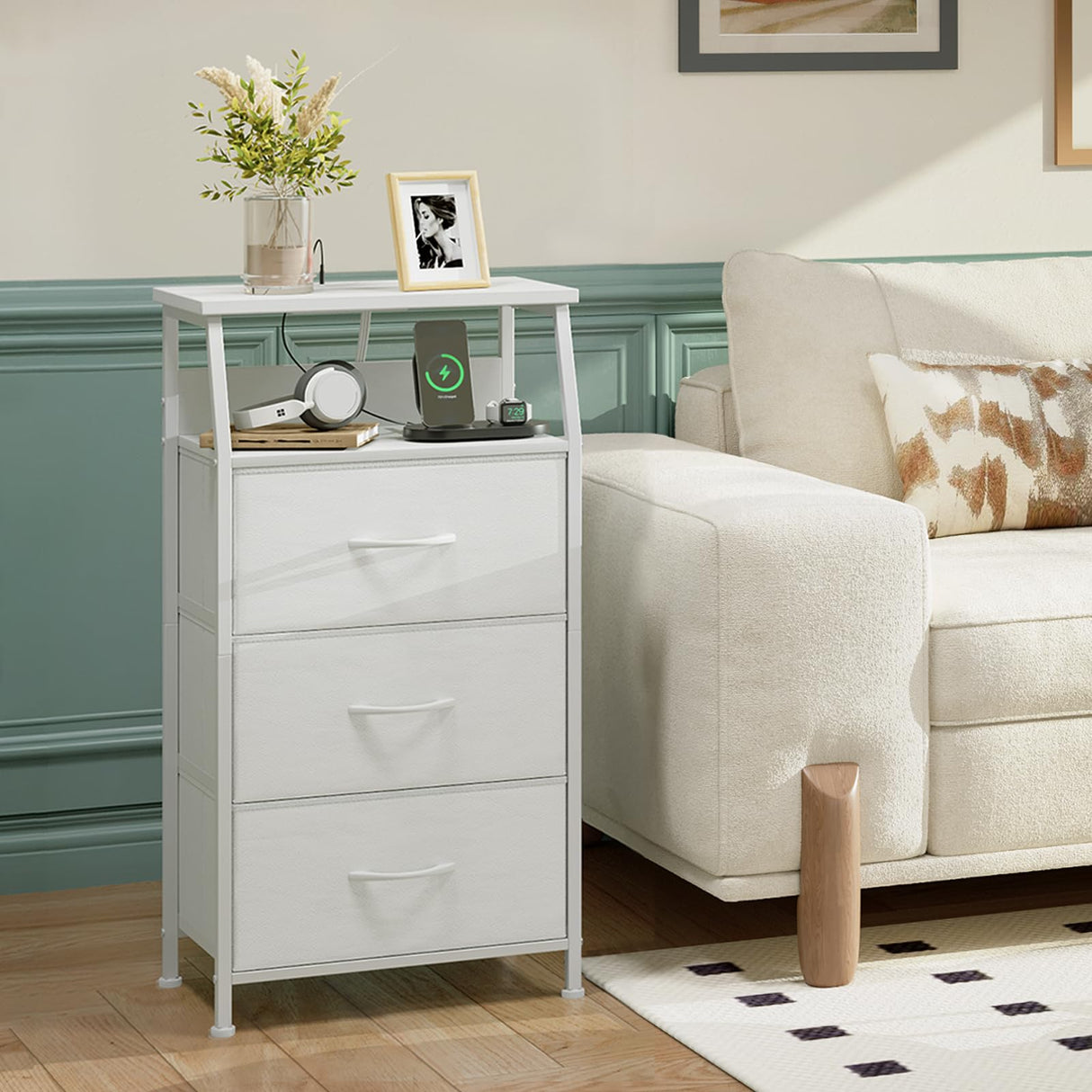 Somdot White Nightstand with Charging Station and LED Light for Bedroom, Tall 3 Drawers Dresser with Fabric Bins for Bedside Kids Dorm Room Closet Laundry Entryway, White Leather Somdot