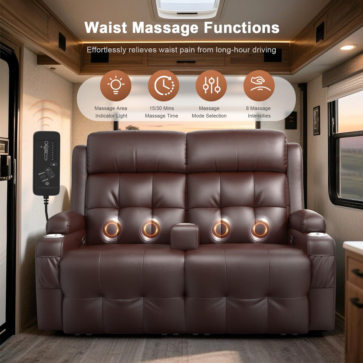 Tiooii RV Loveseat Recliner Sofa, Oversized Massage Wall Hugger Recliners with Insert Pockets, Cup Holders, Reclining Couch, 150° Adjustable Recline & Padded Armrests, for RV Furniture & Living Room Tiooii