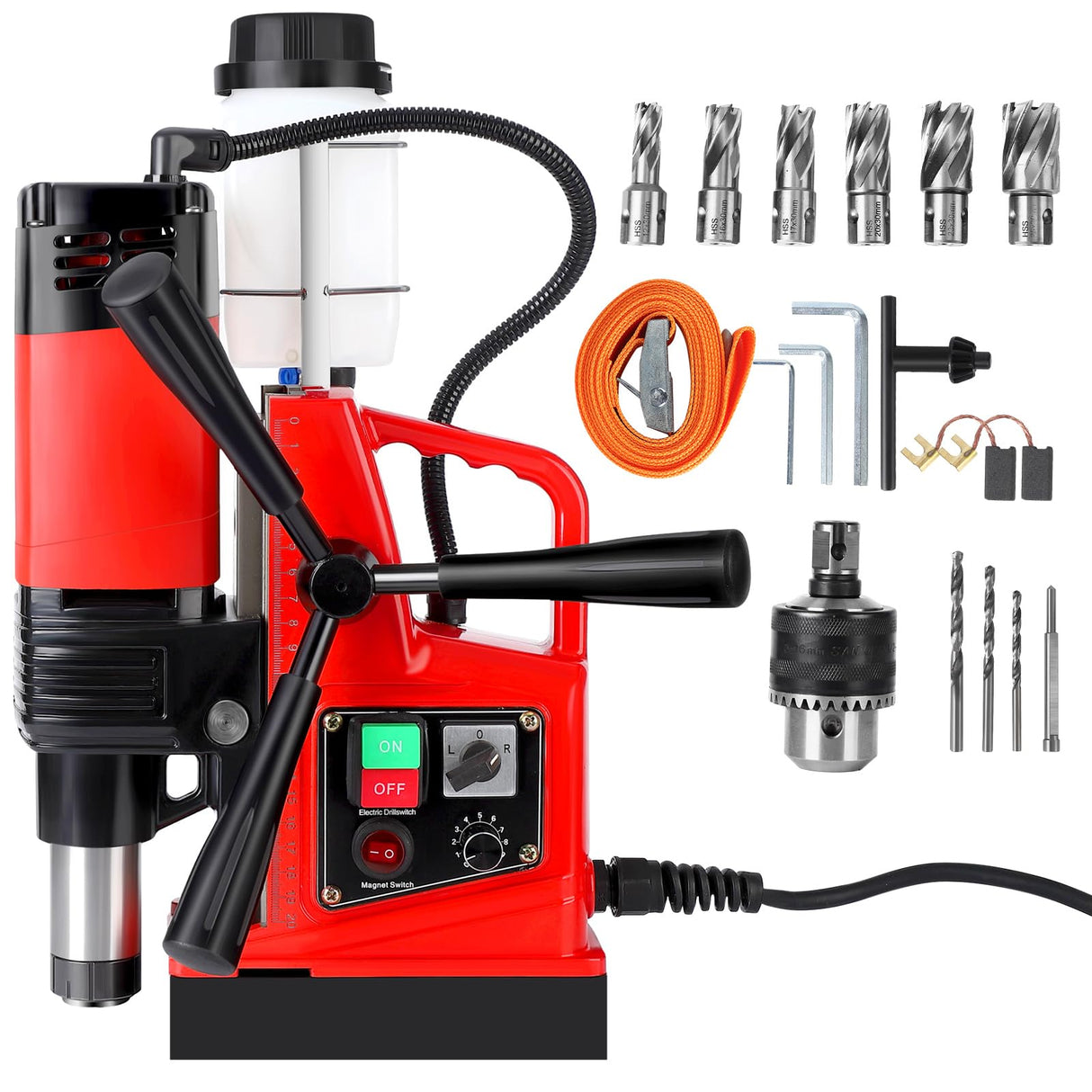 GARVEE Magnetic Drill Press, 1400W 810RPM Portable Mag Drill Press, 10-Speed Core Drilling Machine for Metal Working,10Pcs Annular Cutters Drill Bits,Red Garvee