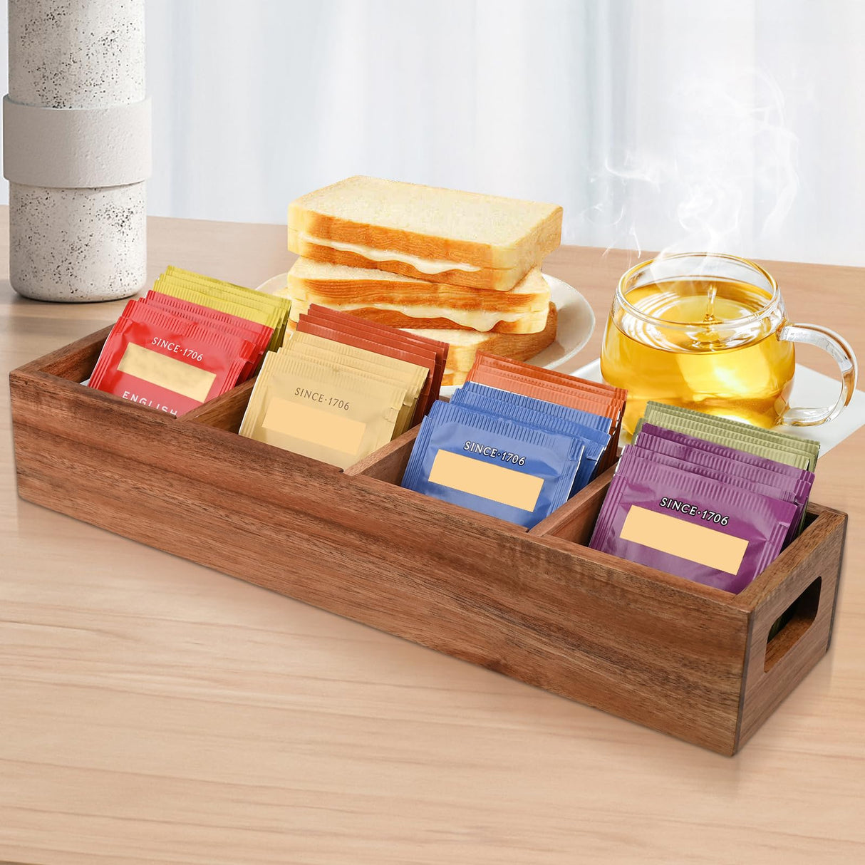 Chicvilla Acacia Wood Tea Bag Organizer with 4 Slots – Tea Bag Holder and Tea Organizer, Sugar Packet Storage for Countertops Chicvilla