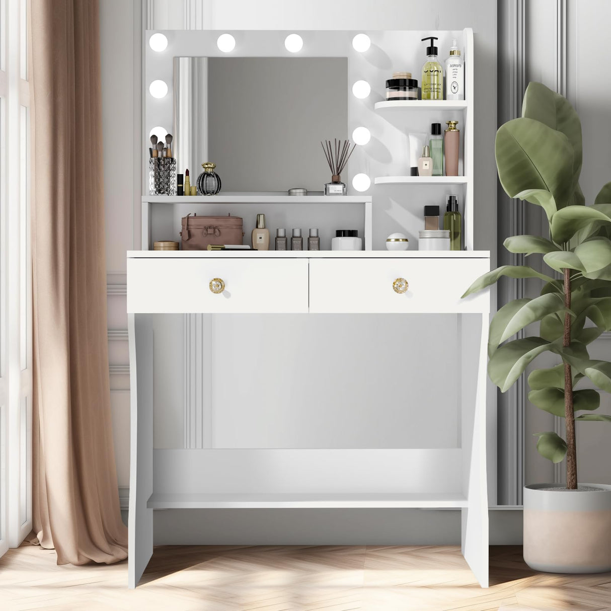 CUOZOVA Vanity Desk with Mirror and Lights, White Vanity with Lighted Mirror, Vanity with Lights with Drawers & Shelves, Makeup Vanity Desk with Lights for Bedroom & Dressing Room, 3 Lighting Modes CUOZOVA
