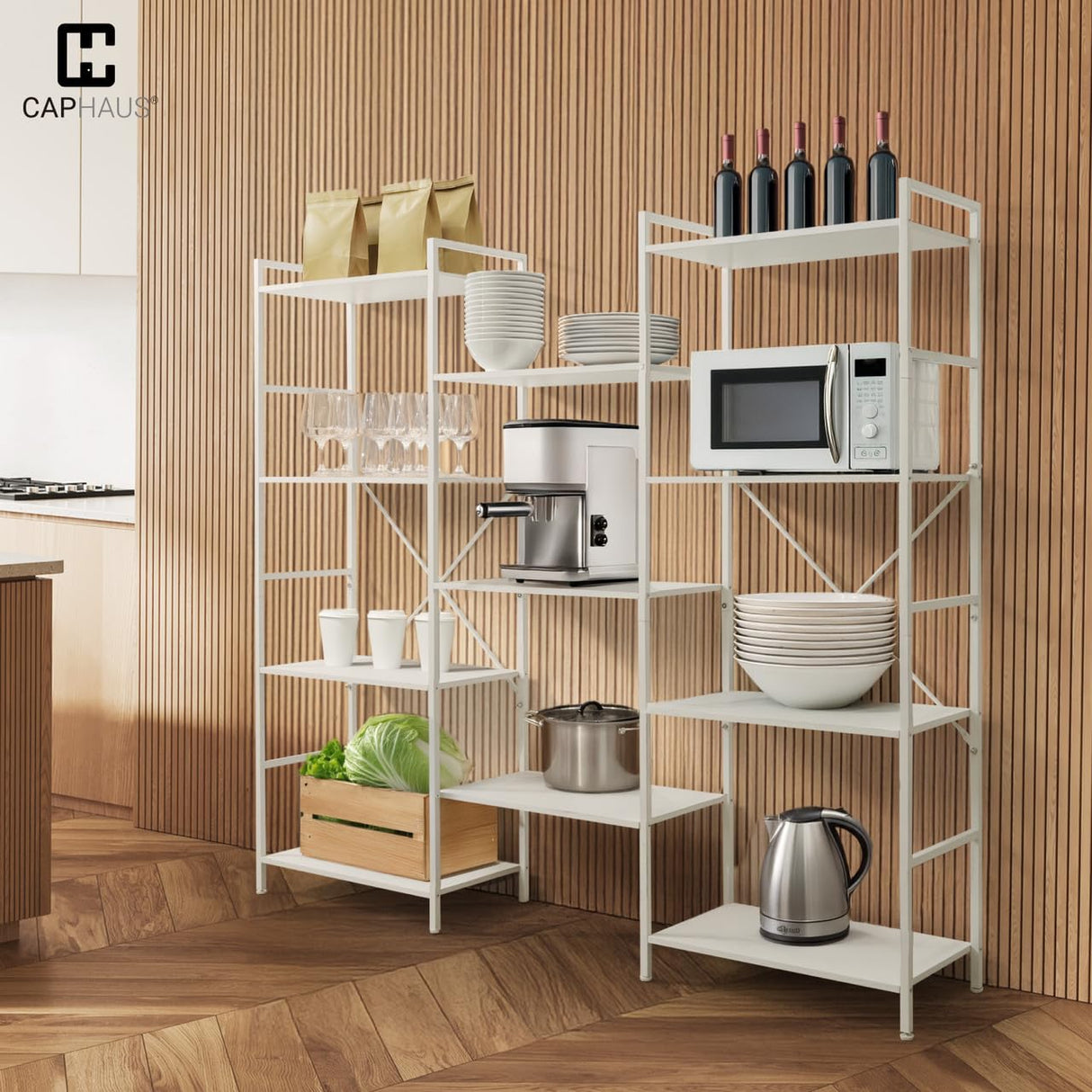 CAPHAUS Triple Column 4 Tier Bookshelf, Industrial Triple Bookcase with 11 Open Display Shelves, Adjustable Wide Shelf for Living Room, Bedroom, Home and Office, White CAPHAUS