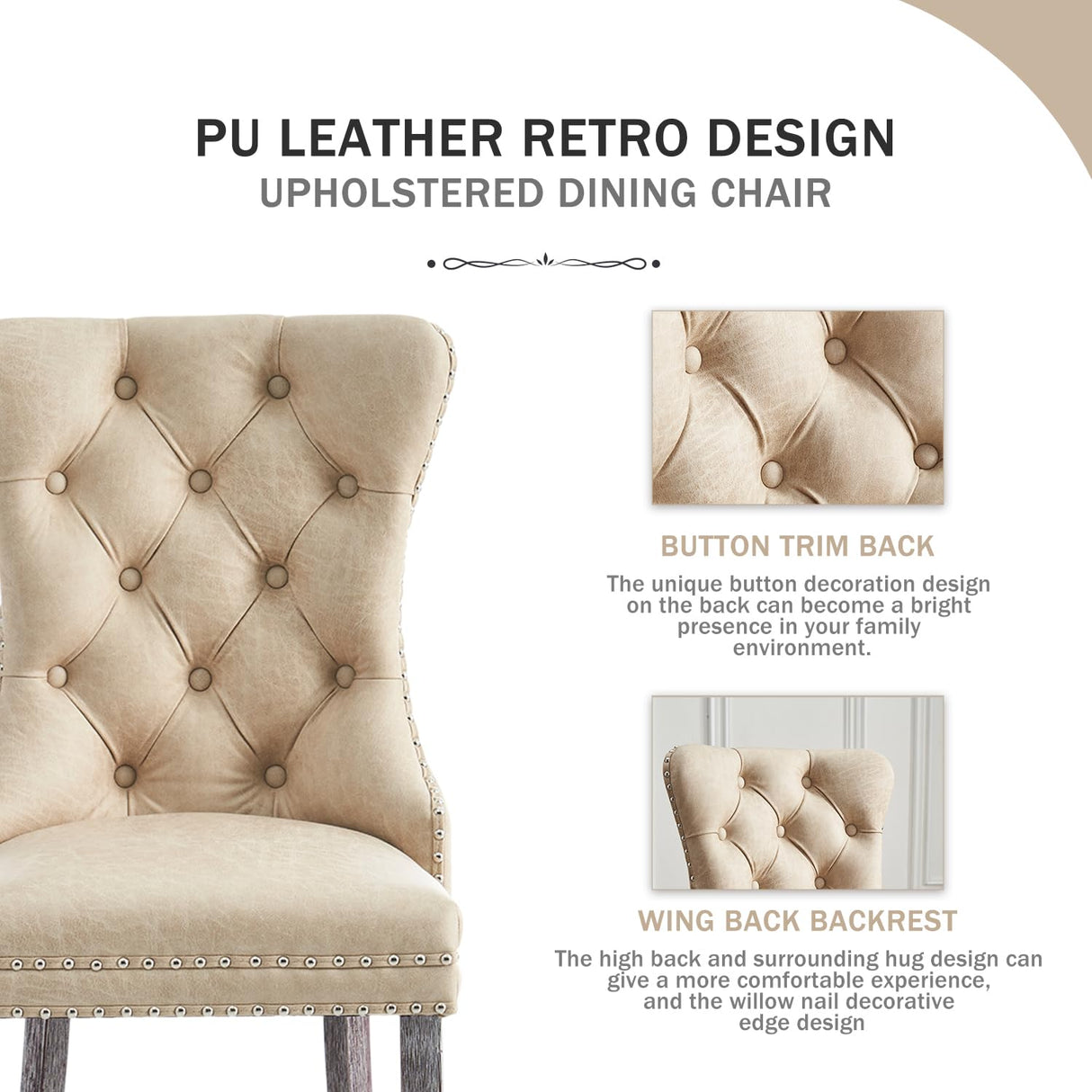 Kiztir Leather Dining Chairs Set of 6, Upholstered Dining Chair with Nailhead Trim and Solid Wood Legs, Luxury Wingback Dining Side Chair for Living Kiztir