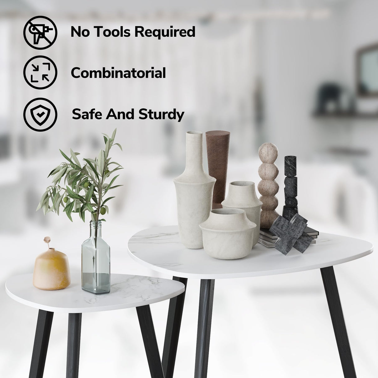 BAMEOS Bamboo Nesting Triangle End Table,Set of 2 Coffee Table Modern Minimalist Side Table for Living Room (Marble White) BAMEOS