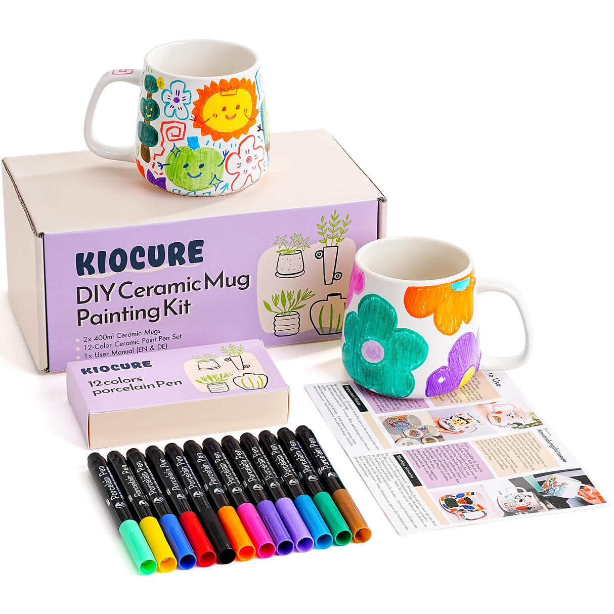 Kiocure Paint Your Own Mug: 2 Paintable Ceramic Mugs & 12 Color Pens Dishwasher Safe DIY Mug Painting Kit Adults Crafts for Date Night or Valentine’s Day Gifts Kiocure