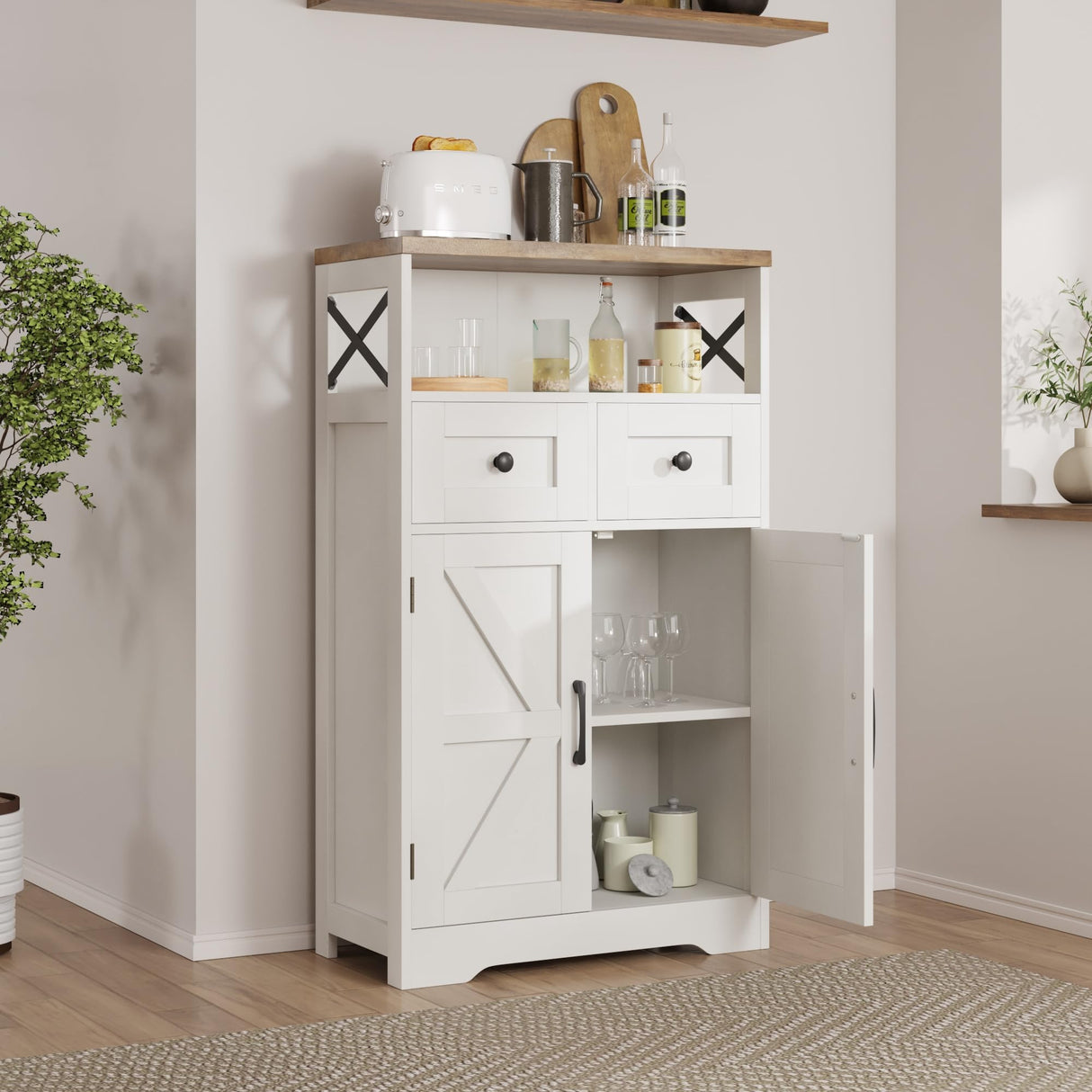 Farmhouse Storage Cabinet with Barn Doors and Shelves, Farmhouse Kitchen Pantry Storage Cabinet, Small Tall Coffee Bar Cabinet with Storage, Hutch Cupboard for Kitchen, Laundry, Living Room,White FiveWillowise