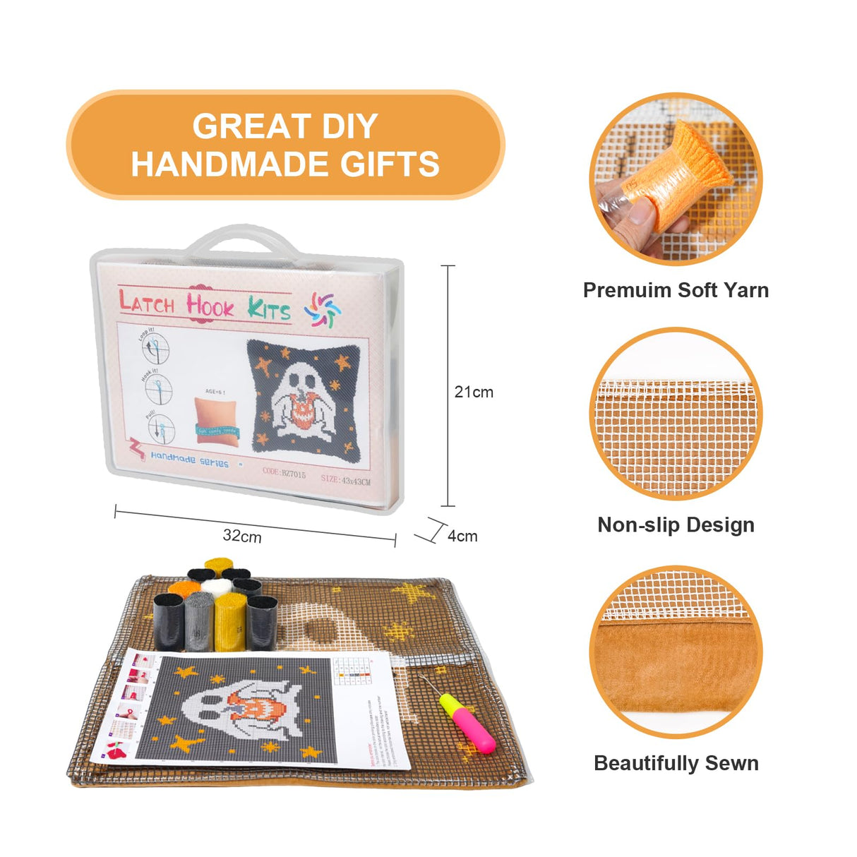 QIONG MENG Latch Hook Kits for Adults, DIY Halloween Ghost Pattern Pillow Cover Kit Needlework Cushion Cover Hand Craft Crochet for Home Sofa Decorations 17 x 17 Inch QIONG MENG