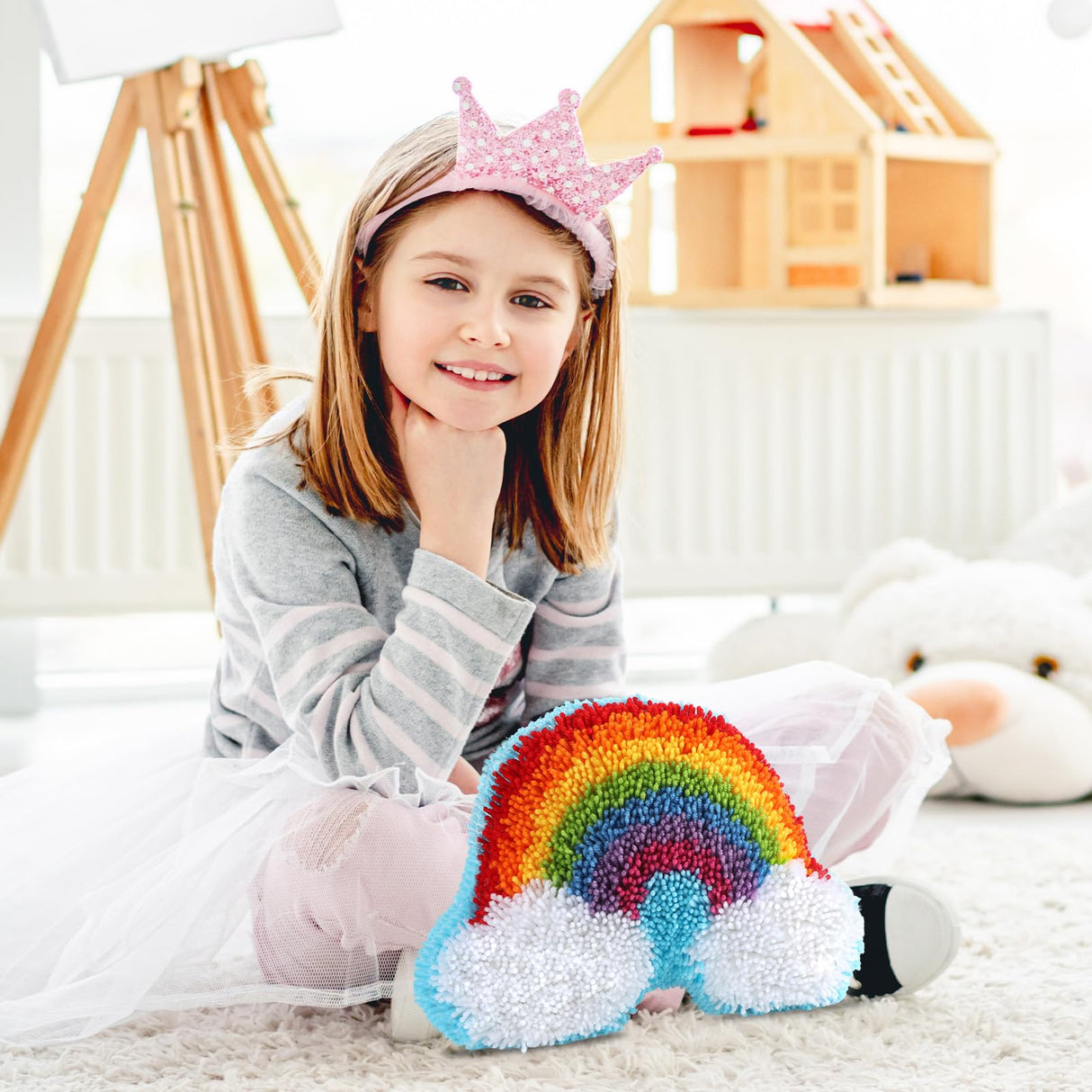 Rainbow Latch Hook Kit Rainbow Pillow DIY Craft Kit for Kids Making Your Own DIY Pillow Yarn Craft Kit for Girls Pattern Paint Cross Sewing Sofa Cushion Plush Gift for Kids Justforjoyful