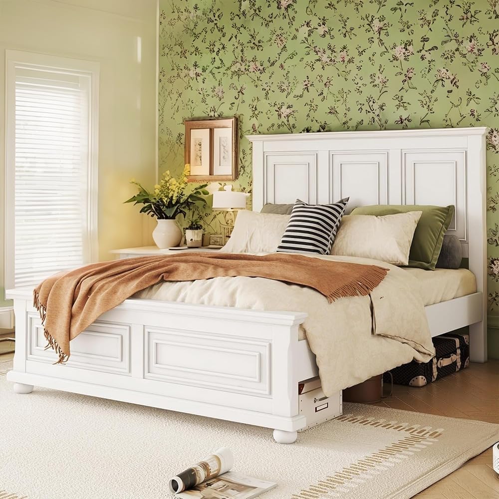 MERITLINE Vintage Farmhouse Bed Frame Queen,Solid Wood Mid Century Modern Rustic Bed Frame with Headboard and Footboard,No Box Spring Needed (White,Queen) MERITLINE