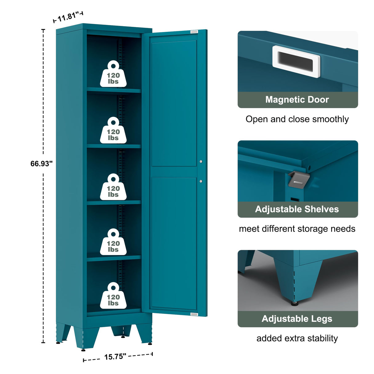 Washsemba 67''Farmhouse Metal Storage Cabinet with Barn Doors,Steel File Cabinet for Home Office,Kitchen Pantry 4 Adjustable Shelves,Freestanding Cupboard for Kitchen,HomeOffice (Peacock Blue) Washsemba