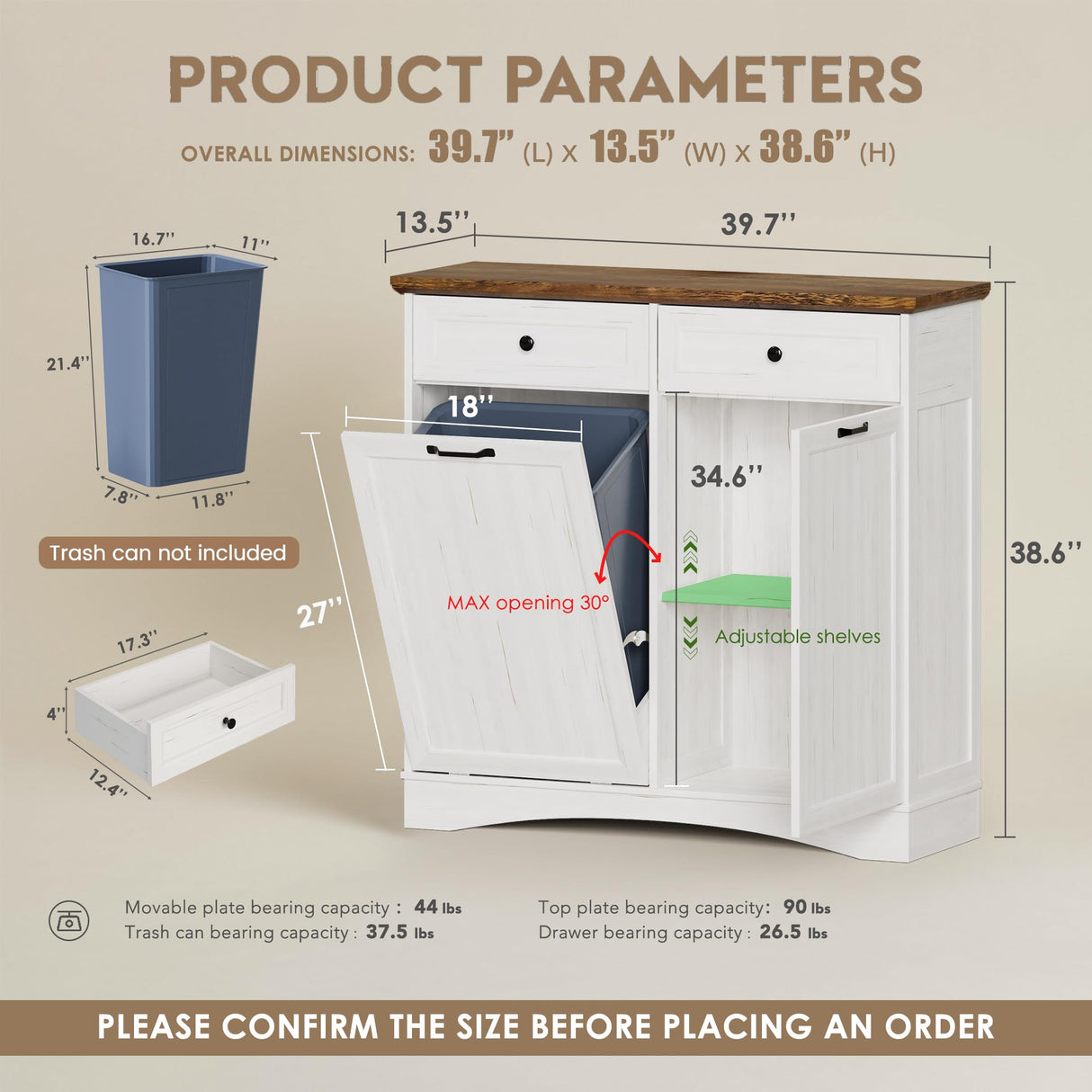 NEWOWNDS Tilt Out Trash Can Cabinet, Dog Proof Trash Can Storage Cabinet with 2 Drawers, Adjustable Shelf, Kitchen Island with Trash Can Storage, Hidden Trash Cabinet (White, Dual Doors) NEWOWNDS