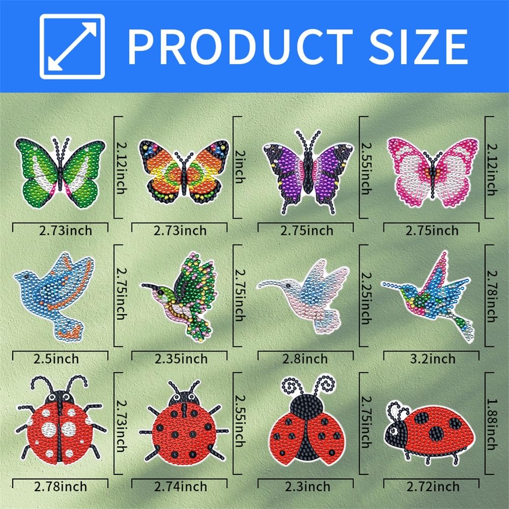 Diamond Art Kits, 12 Pcs Butterfly Hummingbird Ladybug Stakes Diamond Painting Kits for Adults Kids, 5D DIY Butterflies Ornaments Diamond Art Supplies Crafts for Indoor Outdoor Garden Yard Party Decor SOEWIOU